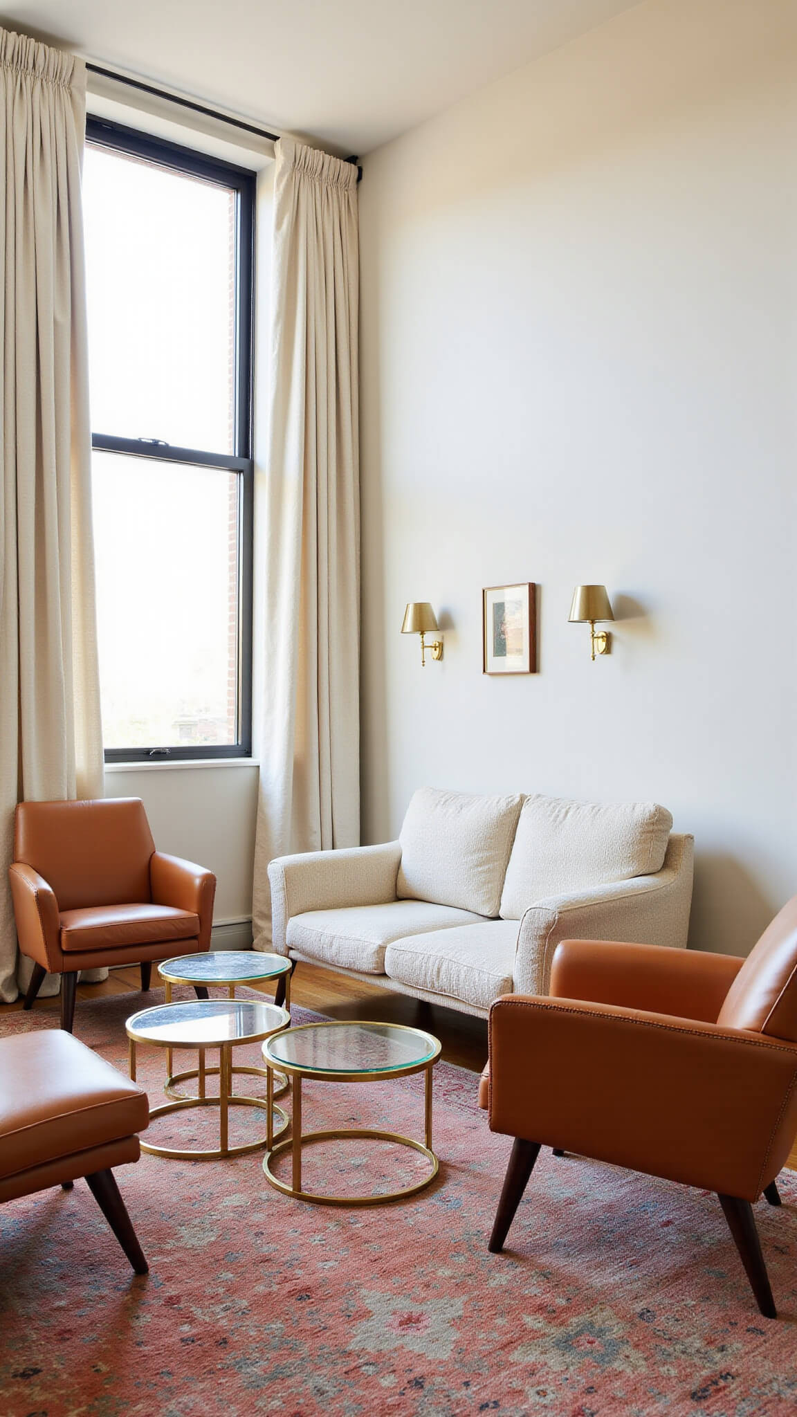 Eye-level wide shot of a cozy 10x12ft living space at golden hour with floor-to-ceiling windows, ivory bouclé loveseat, leather accent chairs, brass and glass nesting tables, and a muted coral Persian rug.