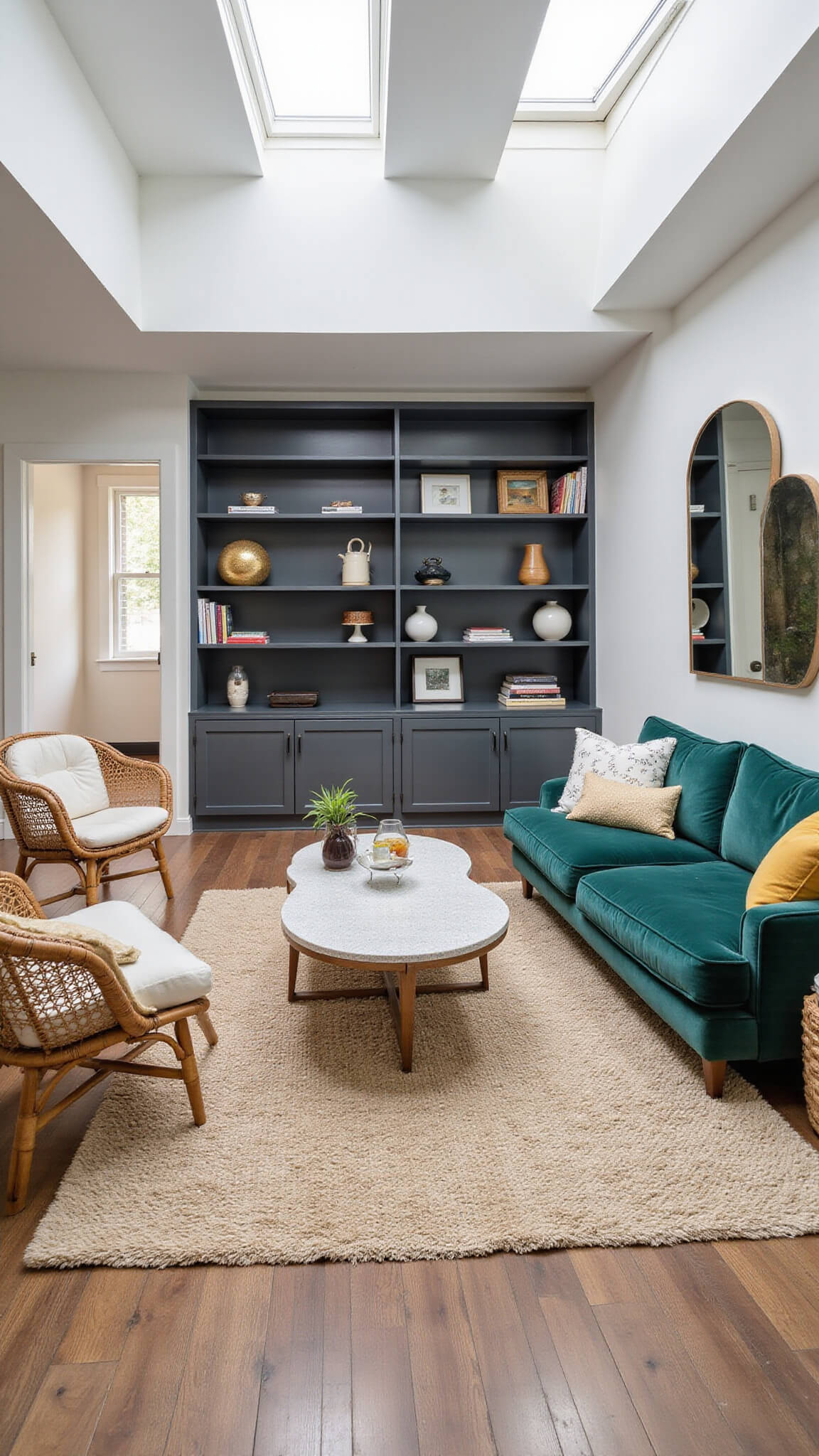 Bird’s eye view of a compact 11x13ft living room with morning light, emerald velvet sofa and rattan chair forming L-shape, terrazzo coffee table, charcoal built-in shelves, and oversized mirror enhancing space.