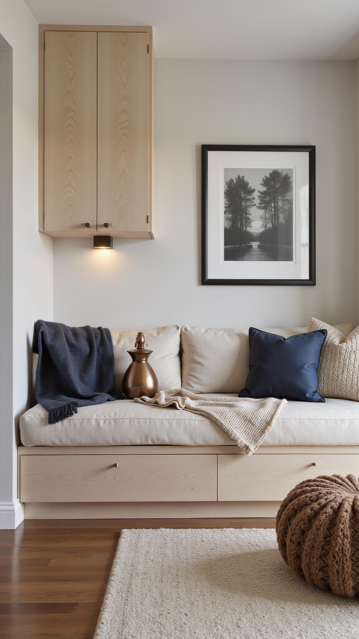 Corner view of compact 9x11ft studio with modular seating, smart oak storage, abstract art under LED lights, and warm brushed bronze accents.