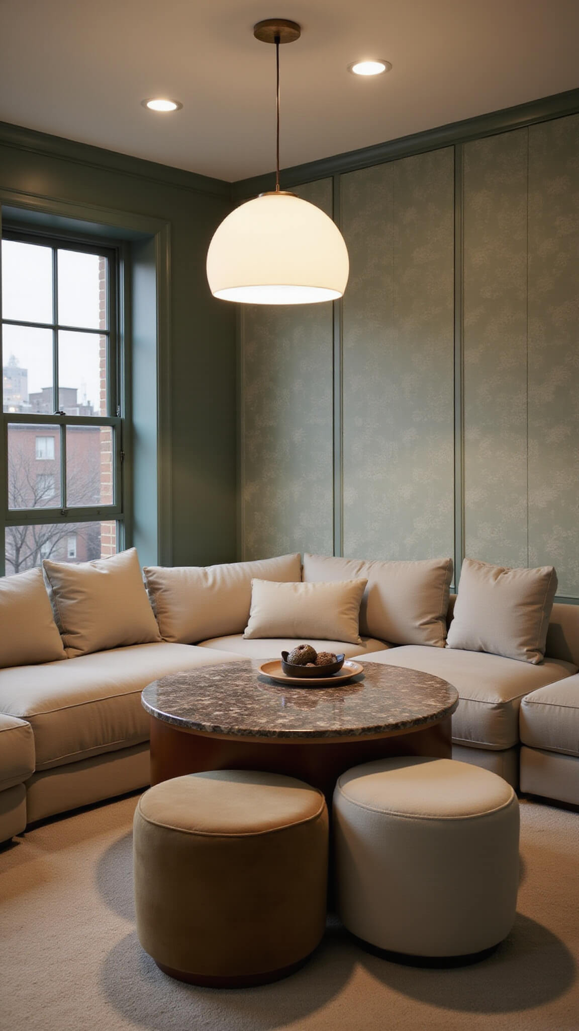 Low-angle view of a mid-century modern room at dusk with dramatic lighting, curved oatmeal bouclé sectional, marble drum table, hidden storage, and sage green geometric wallpaper.