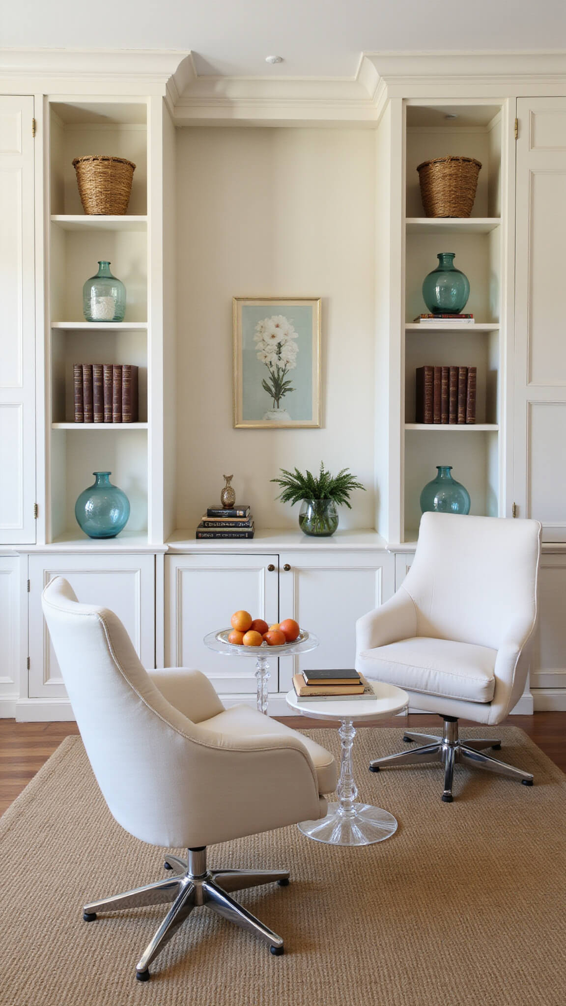 Eye-level view of a 10x14ft room with warm white floor-to-ceiling built-ins, swivel velvet chairs, Lucite coffee table, and layered white textures in morning light.