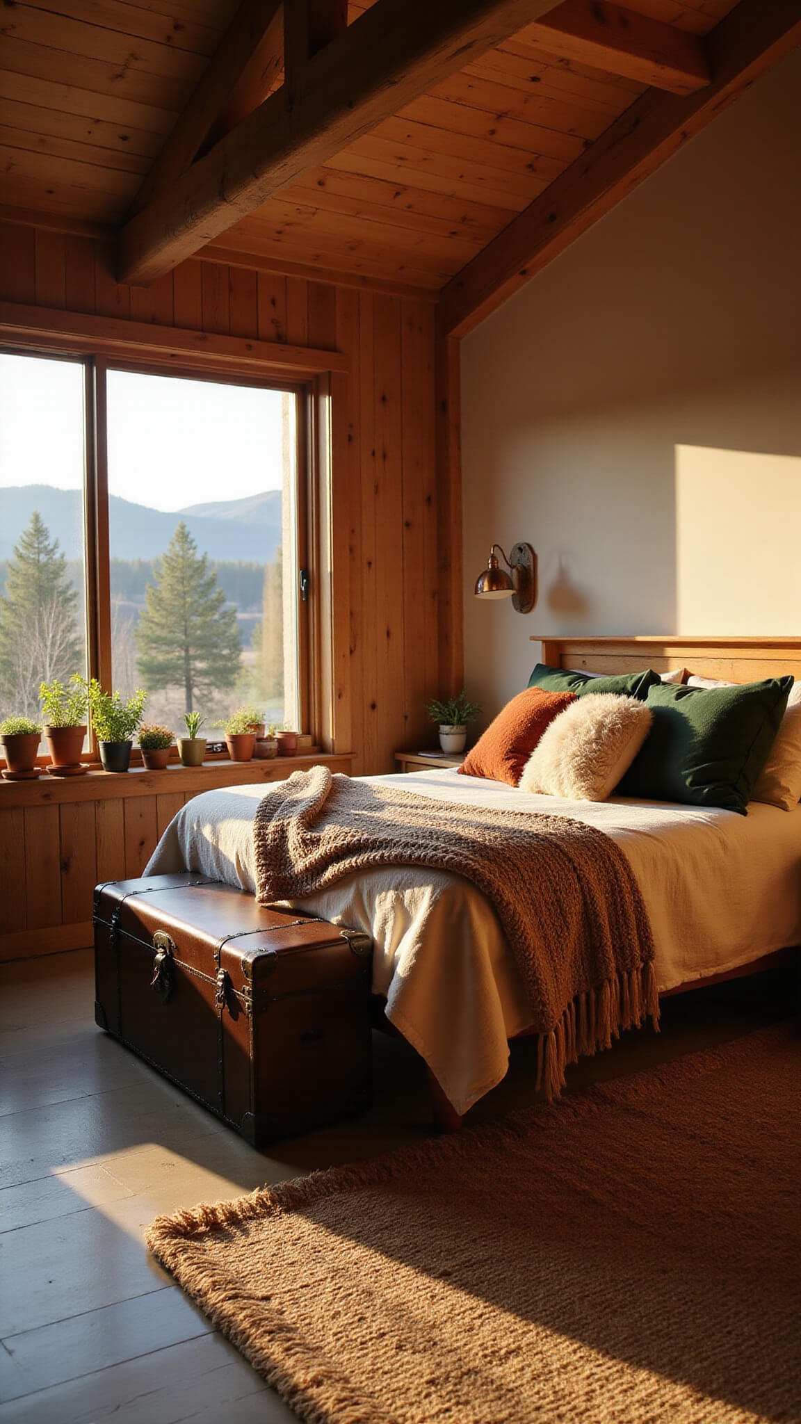 Cozy cabin bedroom at golden hour with queen bed, rustic decor, sunlight streaming through west-facing window, and mountain view in background.