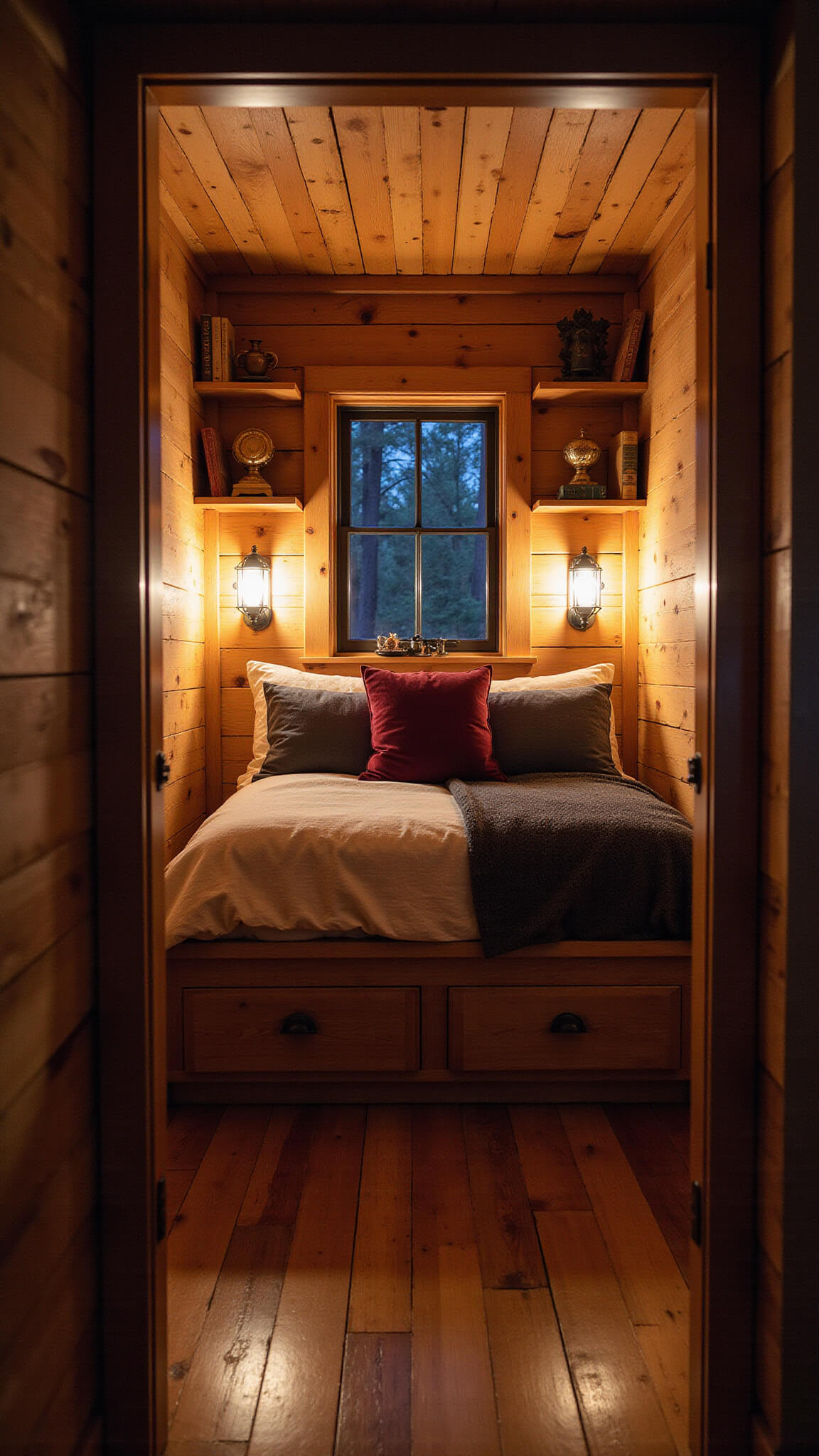 Cozy cabin sleeping nook with cedar walls, uplighting from floor lanterns, built-in twin bed with layered bedding, floating shelves with vintage decor, and small window showing forest view.
