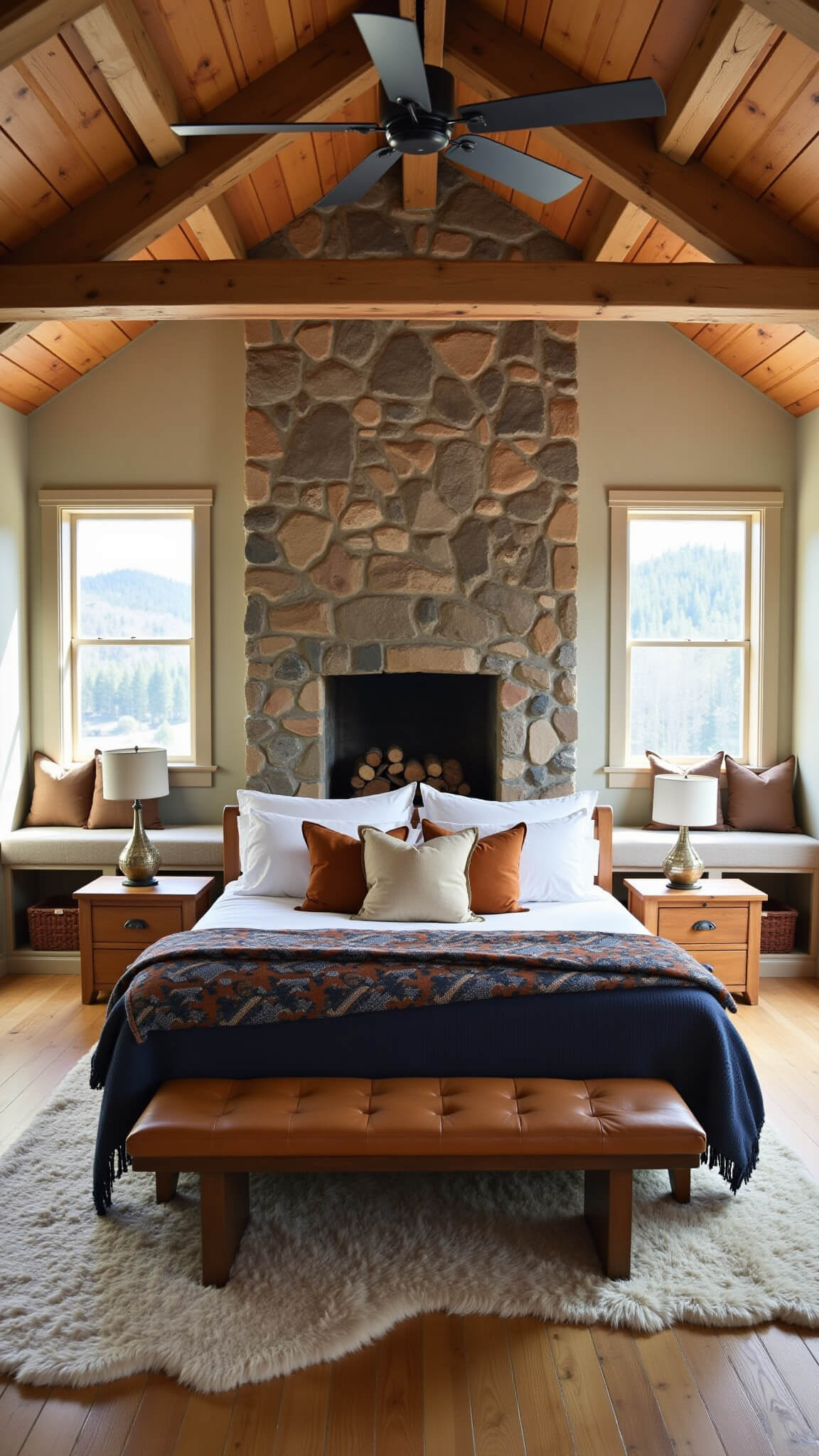 Cozy cabin bedroom with stone fireplace, king bed with white linens and leather pillows, antique side tables, exposed beam ceiling, and mountain views through window seats.