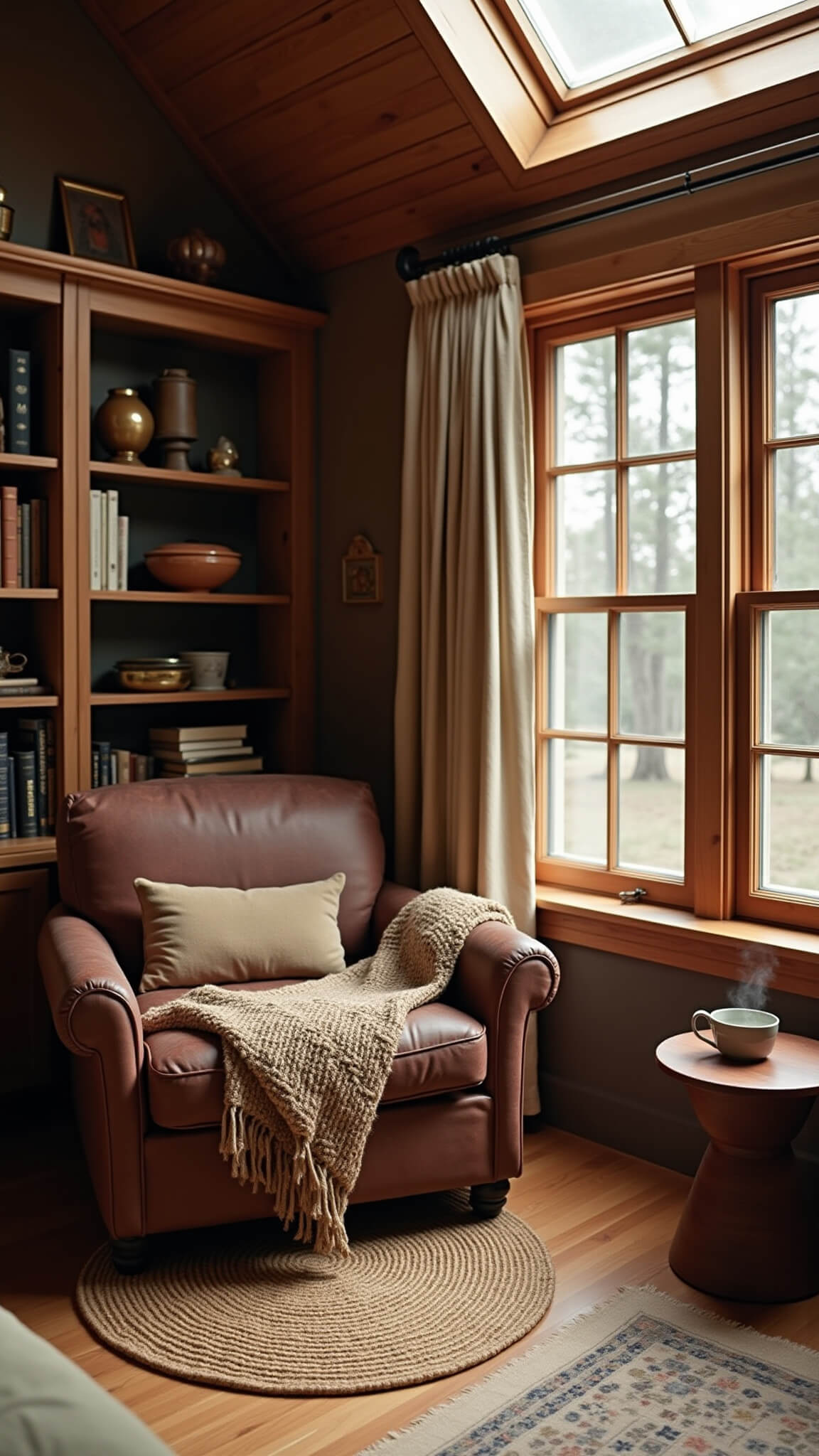 Overhead shot of cozy cabin reading nook with leather armchair, earth-tone blanket, jute rug, built-in bookshelf, antique side table, and dramatic skylight shadows.