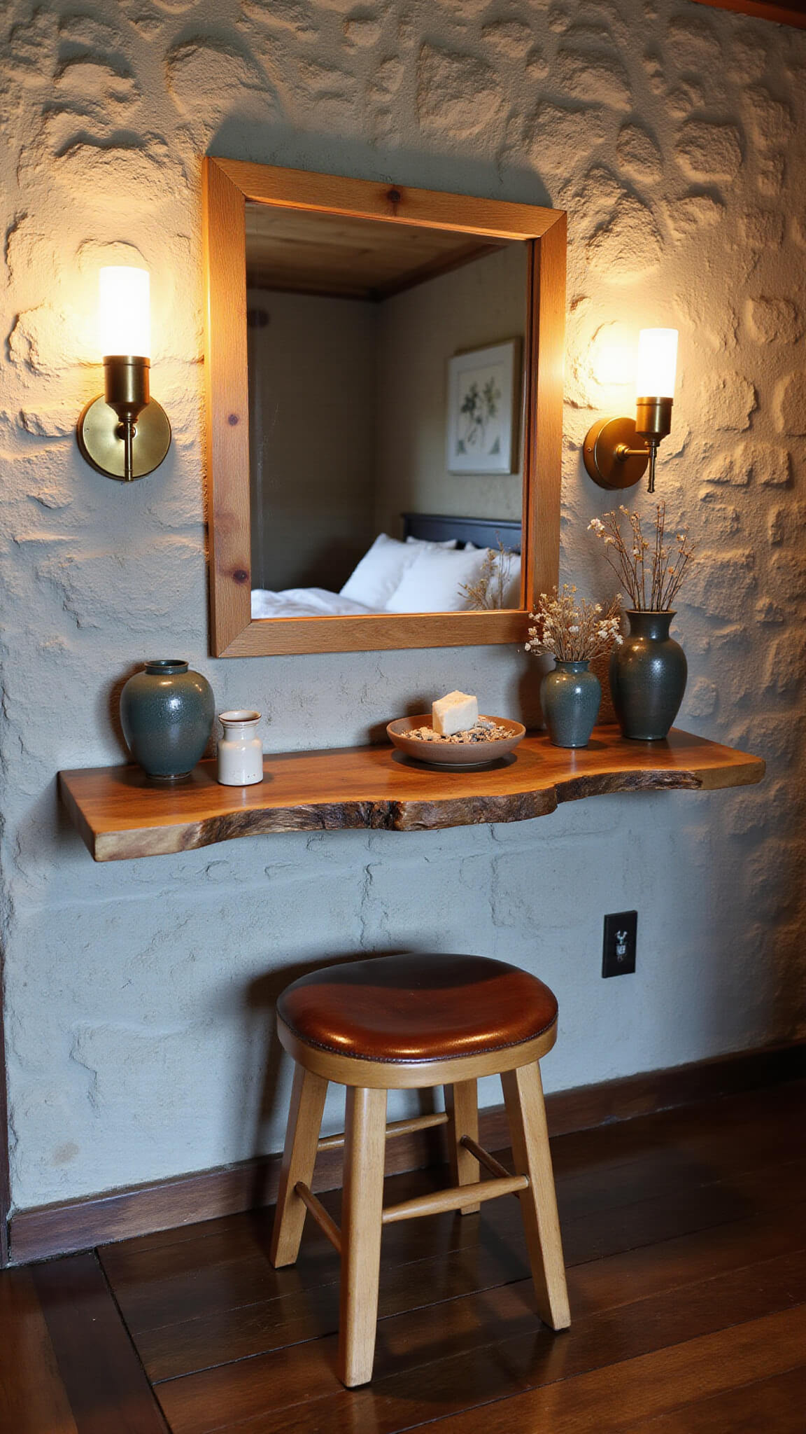 Eye-level dusk view of cozy cabin vanity with warm lighting, stone wall backdrop, rustic mirror reflecting bed, live-edge wood shelf with ceramic decor, and vintage stool.