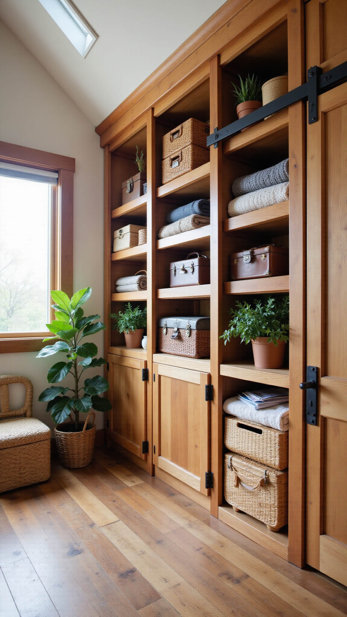 Wide-angle view of cabin bedroom storage wall with natural light illuminating custom floor-to-ceiling wood shelving, featuring a mix of open shelves, closed cabinets, woven baskets, textiles, vintage suitcases, plants, and sliding barn door.