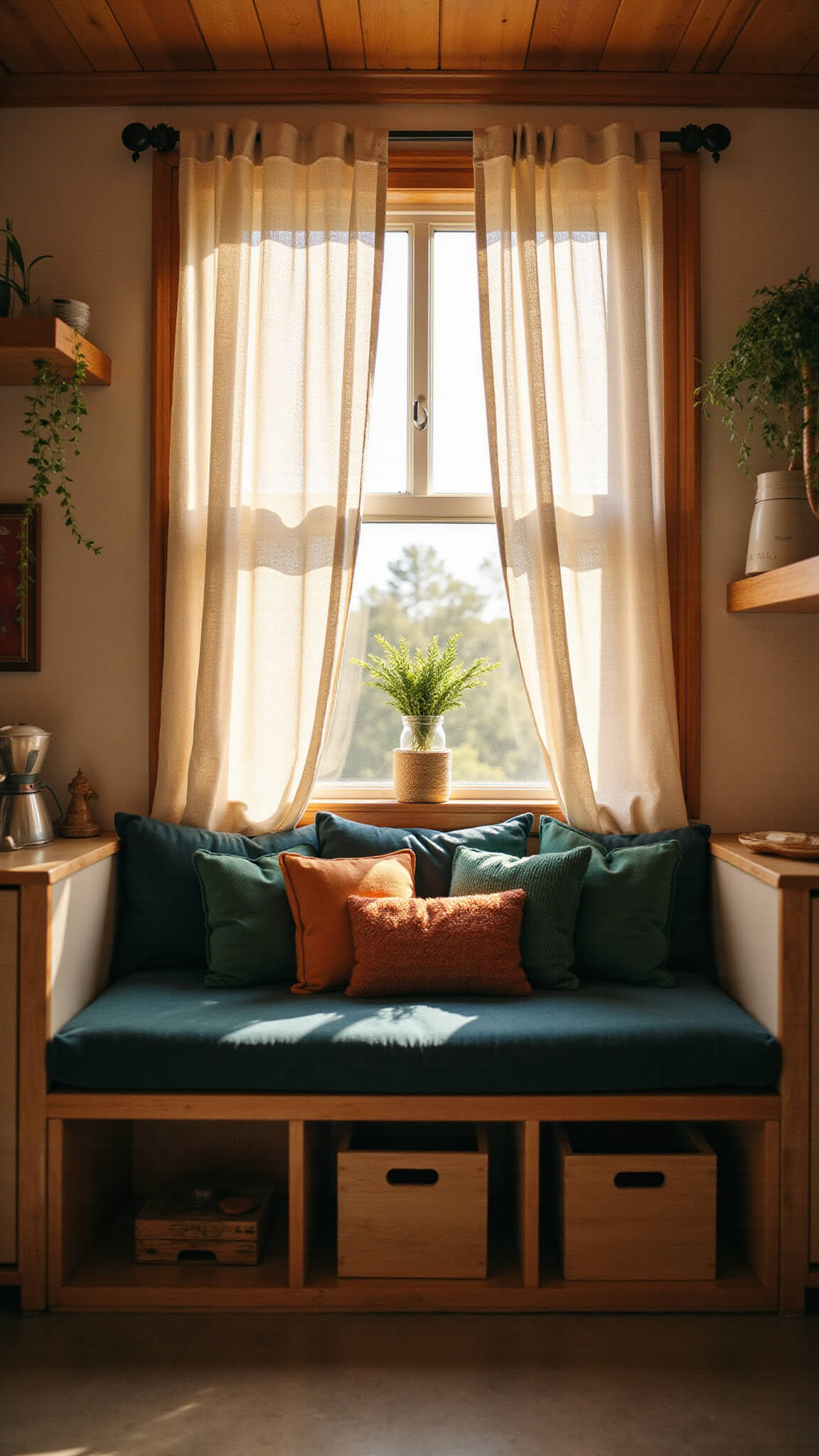 Sunrise light filters through gauzy curtains onto a cozy cabin window nook with navy cushions, green and rust pillows, wooden crate storage, hanging plants, and a ceramic pour-over coffee station.