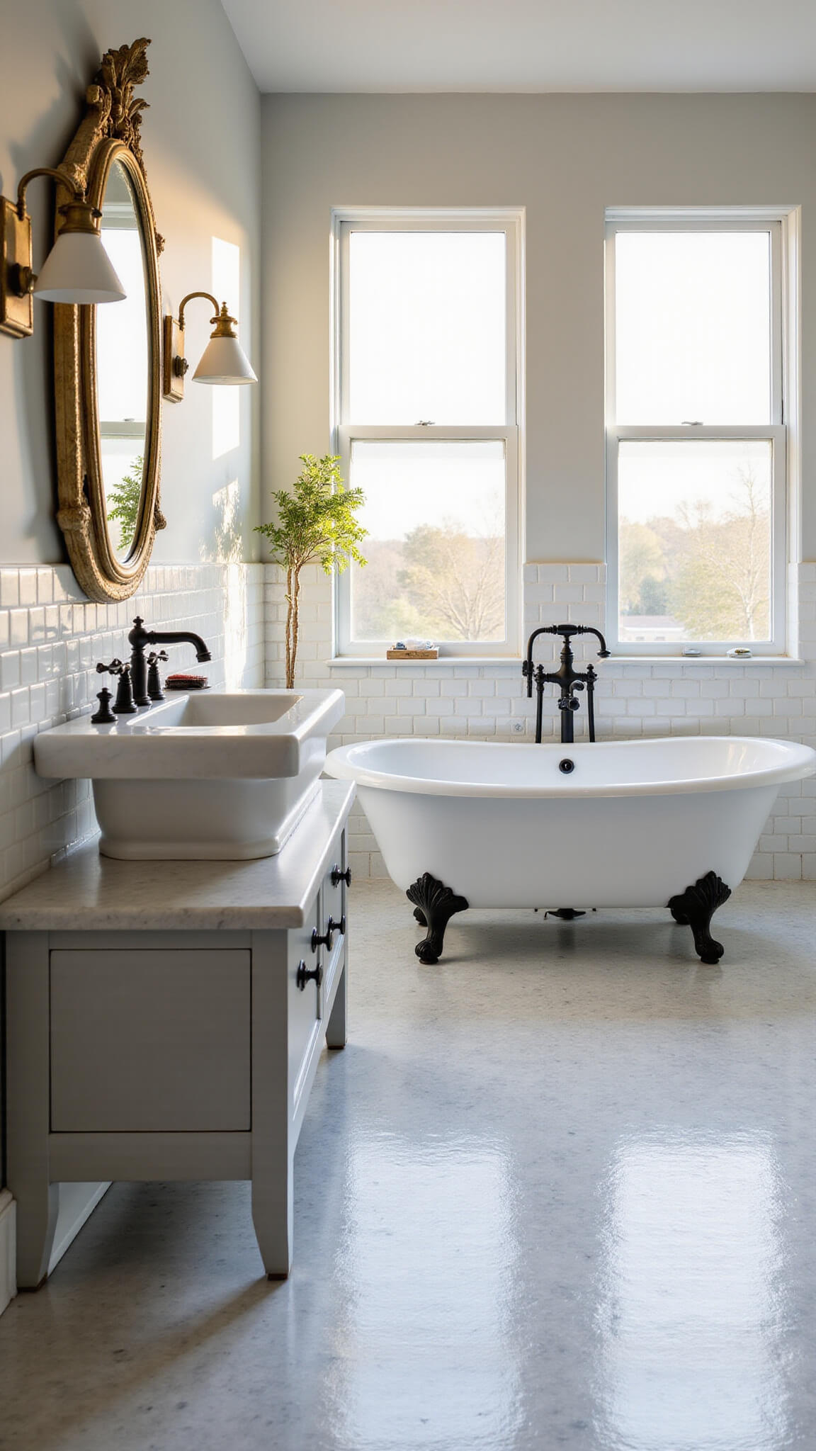 Bright 12x14ft vintage-modern bathroom at golden hour featuring claw-foot tub, subway tiles, marble floor, and natural light on brass mirror and floating vanity.