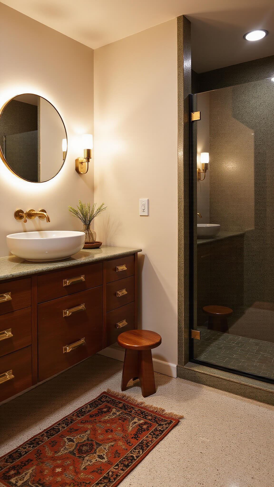 Midcentury modern bathroom at dusk with walnut floating vanity, brass accents, terrazzo flooring, glass shower, and moody ambient lighting.
