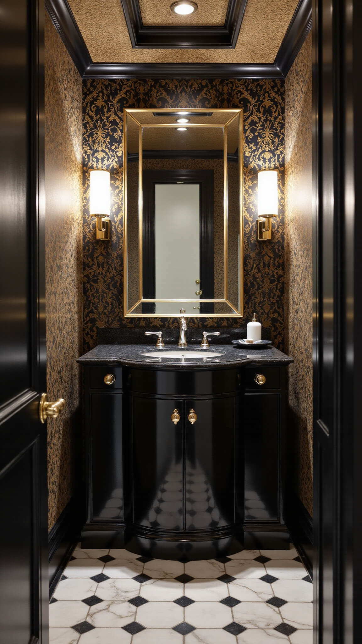 Art Deco bathroom with black and gold geometric wallpaper, black lacquer vanity, chrome waterfall faucet, beveled mirrors, stepped ceiling, and checkerboard marble floor.
