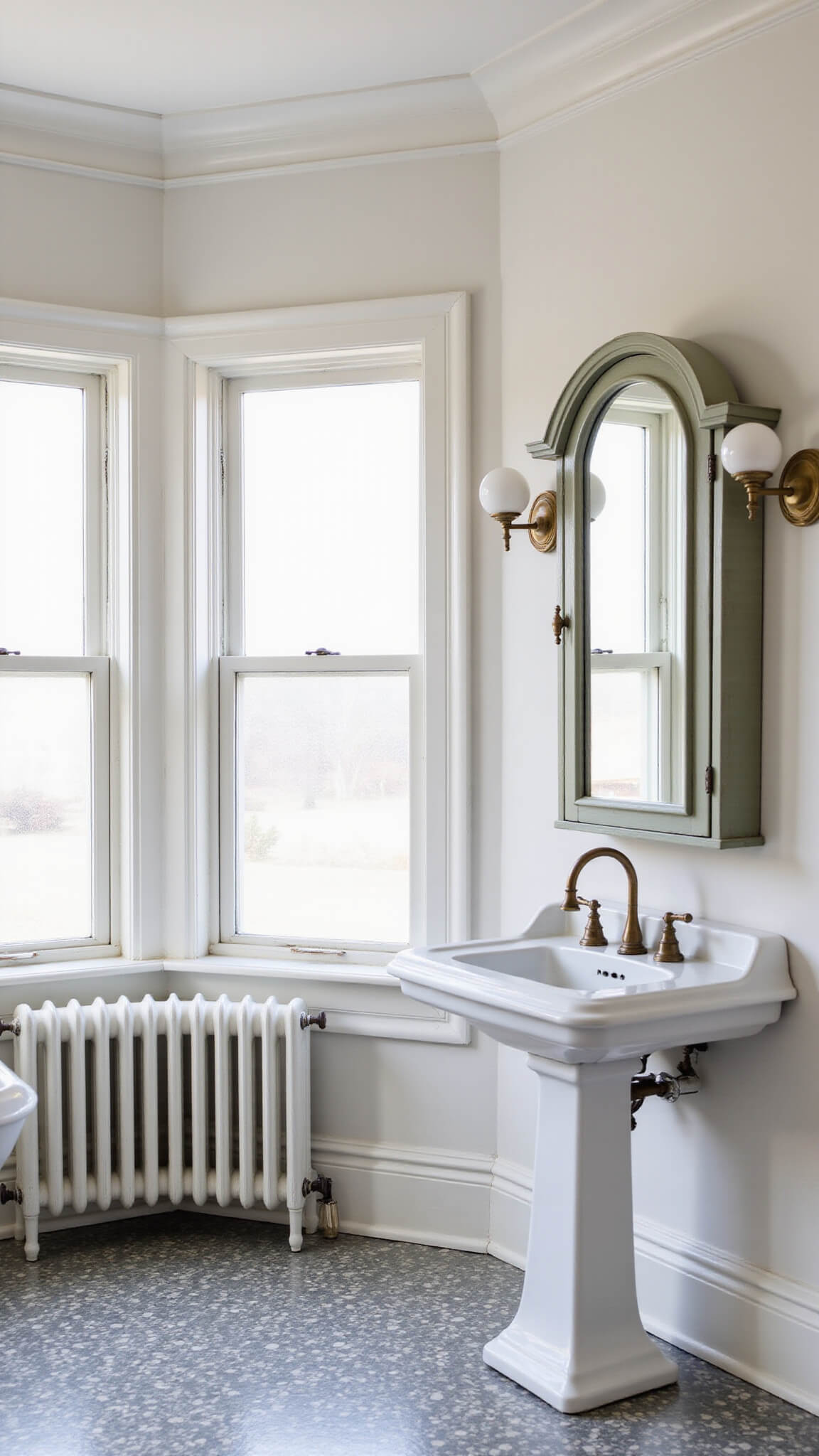 Vintage-modern bathroom with pedestal sink, matte gold faucet, restored 1930s medicine cabinet, globe sconces, and gray-white arabesque floor tiles under soft morning light.