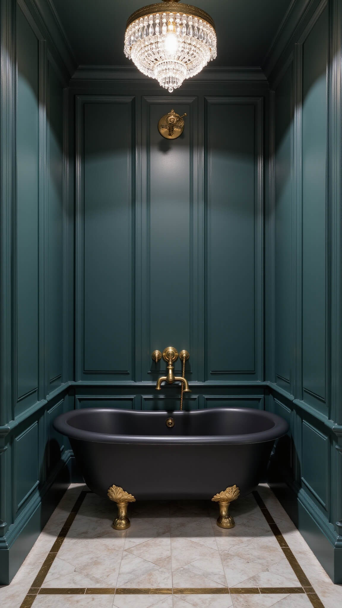 Moody evening view of 9x11ft Victorian-style powder room with matte black clawfoot tub, dark teal walls, brushed brass rainfall shower, crystal chandelier, and herringbone marble floor with brass inlay.