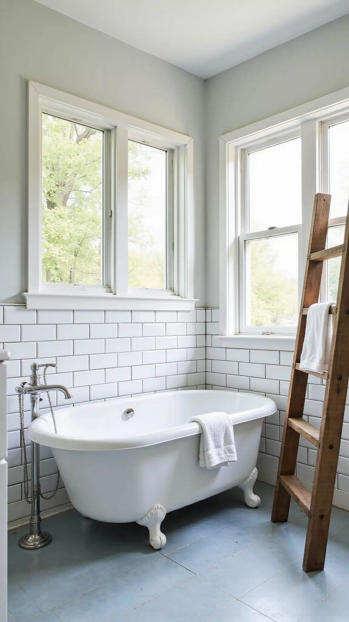 Vintage-style spa bathroom with freestanding tub, white subway tiles, Moroccan floor tiles, and salvaged oak towel ladder in bright natural light.