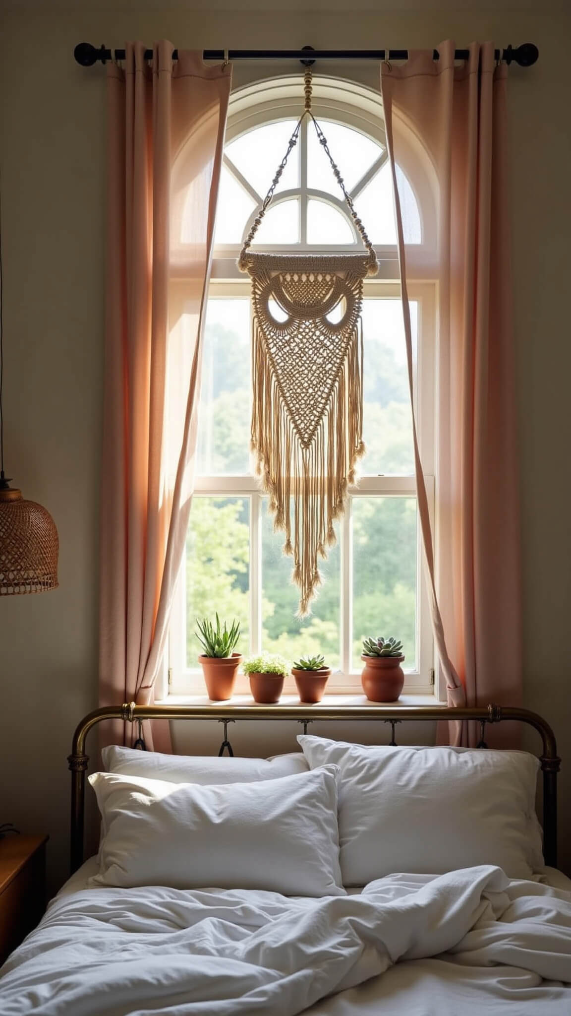 Serene bedroom with arched window, macramé hanging, billowing blush curtains, and vintage brass bed in soft morning light.