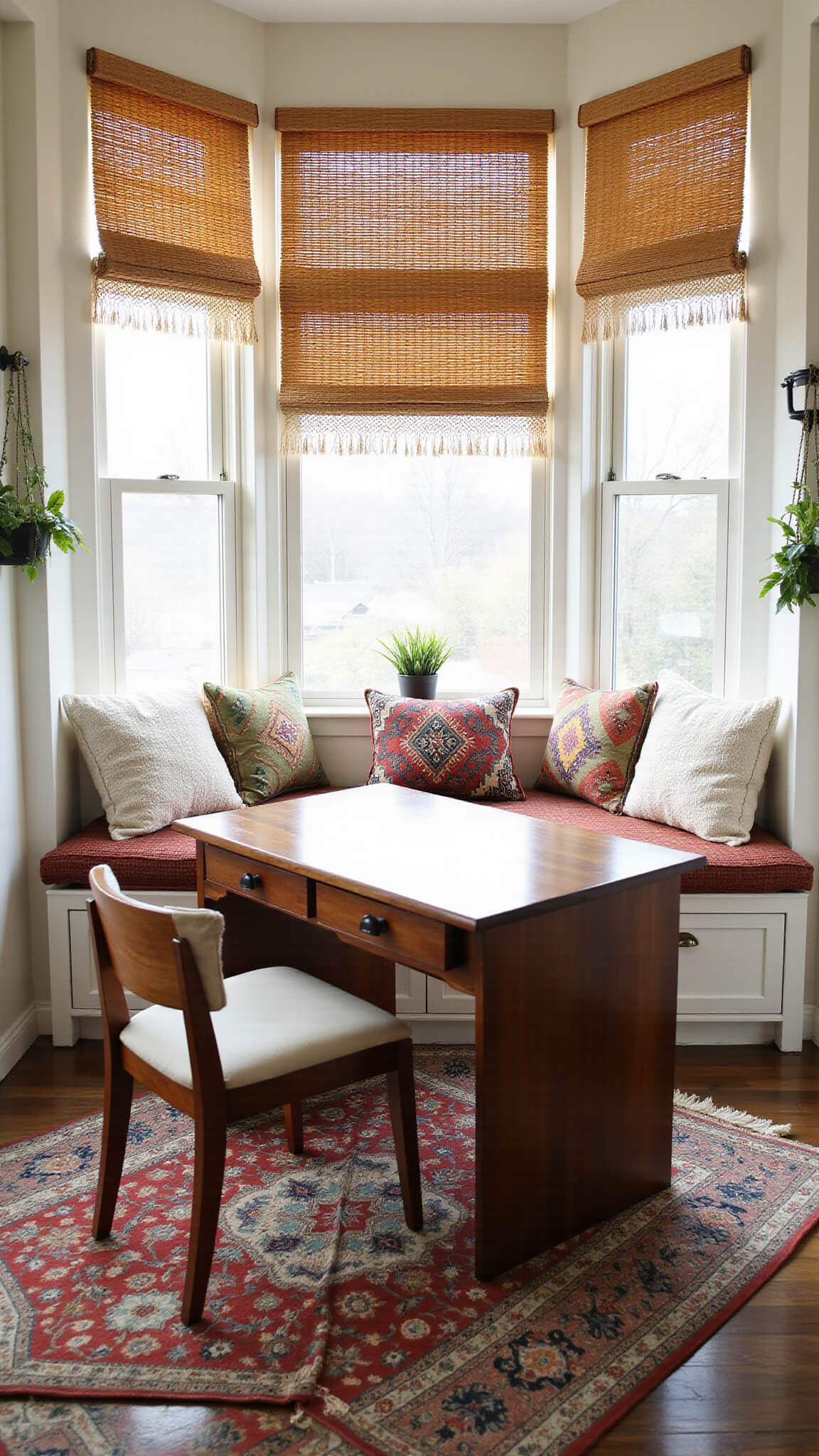 Cozy 12x12ft home office with floor-to-ceiling windows, bamboo shades, crocheted panels, reclaimed wood desk, hanging plants, window seat with kilim pillows, Persian rug, and midday light creating a warm, creative ambiance.
