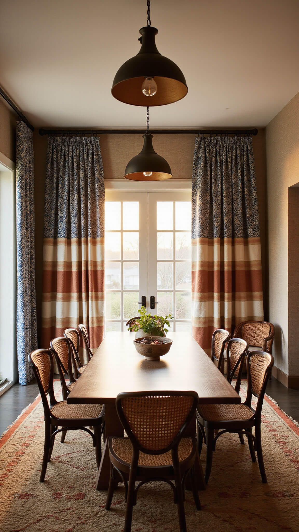 Warm, moody dining room with golden hour light, farmhouse table, mixed-pattern curtains, rattan and bentwood chairs, vintage rug, and oversized pendant lights.