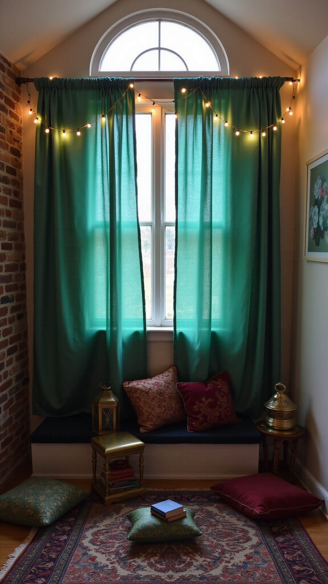 Bohemian 8x10ft reading nook with emerald and gold sari curtains, velvet floor cushions, brass table, vintage books, and Moroccan lanterns casting shadows, viewed from floor level in low light.