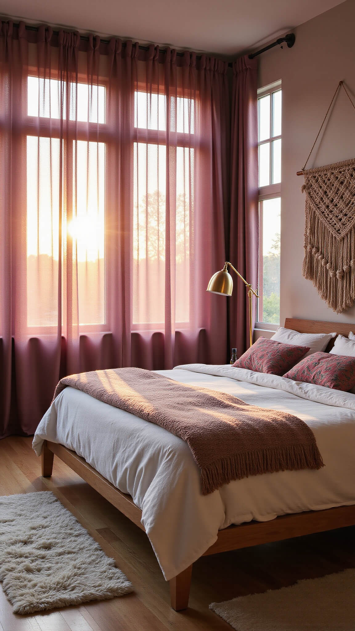 Modern 15x18ft primary bedroom with sunset light through ombré dusty rose to deep purple curtains, platform bed with organic linens, macramé wall hanging, sheepskin rugs, brass floor lamp, and geometric pillows.