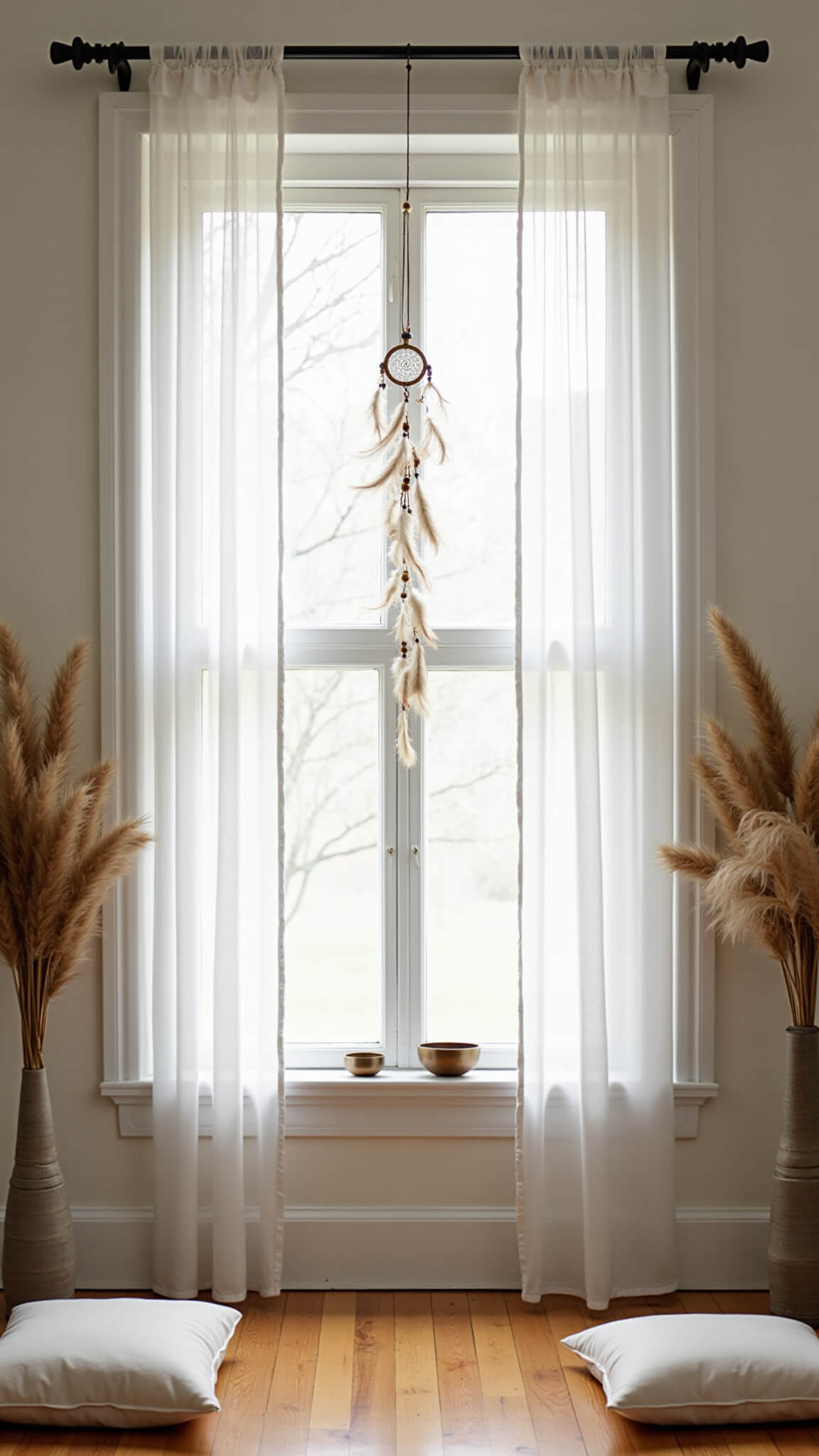 Bright meditation room with sheer white curtains, crystal accents, dream catchers, silk floor cushions, Tibetan singing bowls, dried pampas grass, whitewashed walls, and cedar flooring in soft high-key lighting.