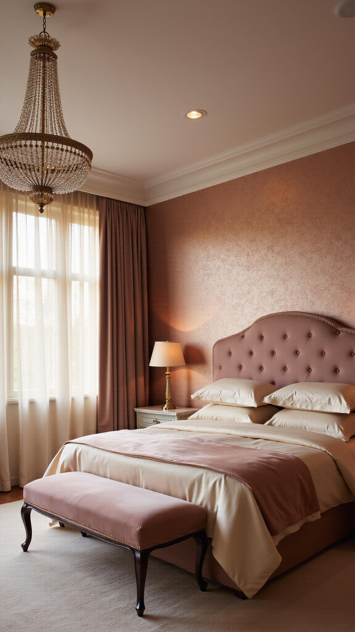 Luxurious primary suite with rose gold wallpaper, king bed in champagne silk, pink velvet bench, crystal chandelier, and golden hour light filtering through sheer curtains.