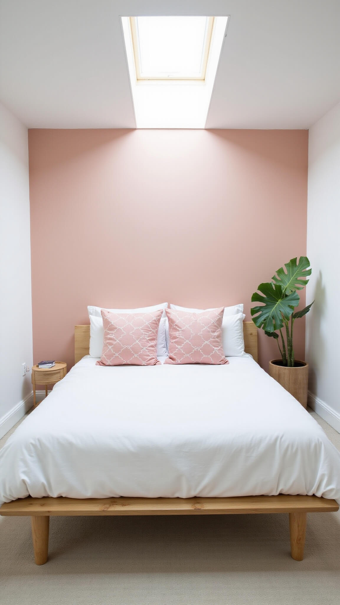 Minimalist 10x12ft guest room with blush pink accent wall, white platform bed, geometric pink pillows, Scandinavian light wood furniture, skylight lighting, and fiddle leaf fig plant.