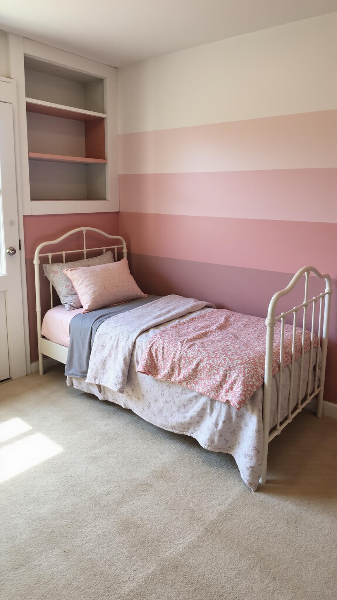 Cozy 12x14ft children's bedroom with ombre pink walls, twin white iron bed with pink and gray bedding, rose gold-accented bookshelves, and plush cream carpet in soft afternoon light.