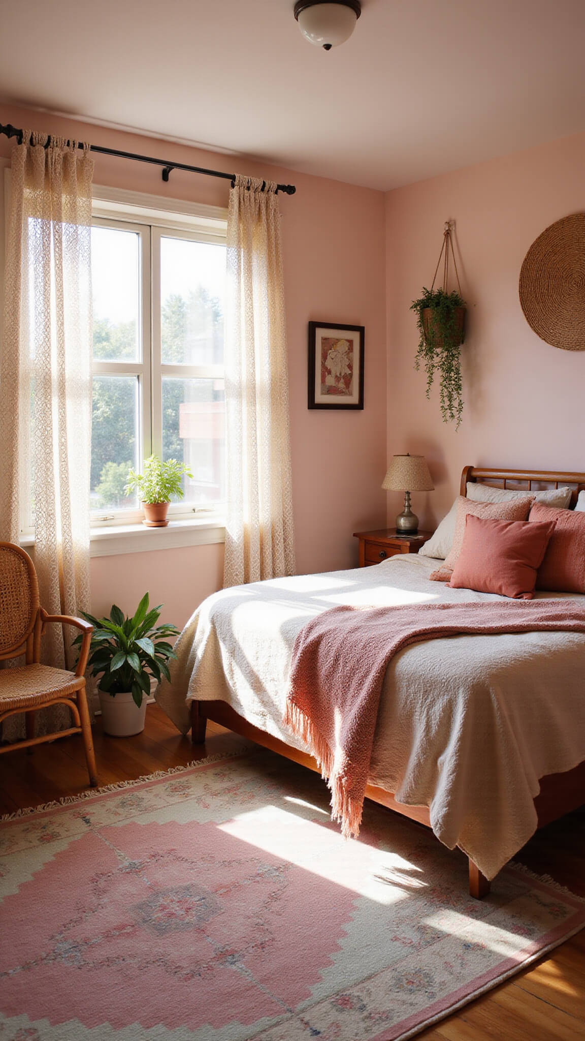 Bohemian 13x15ft bedroom with pale pink walls, vintage textiles on a queen bed, rattan furniture, hanging plants, and Moroccan rug in soft afternoon light.