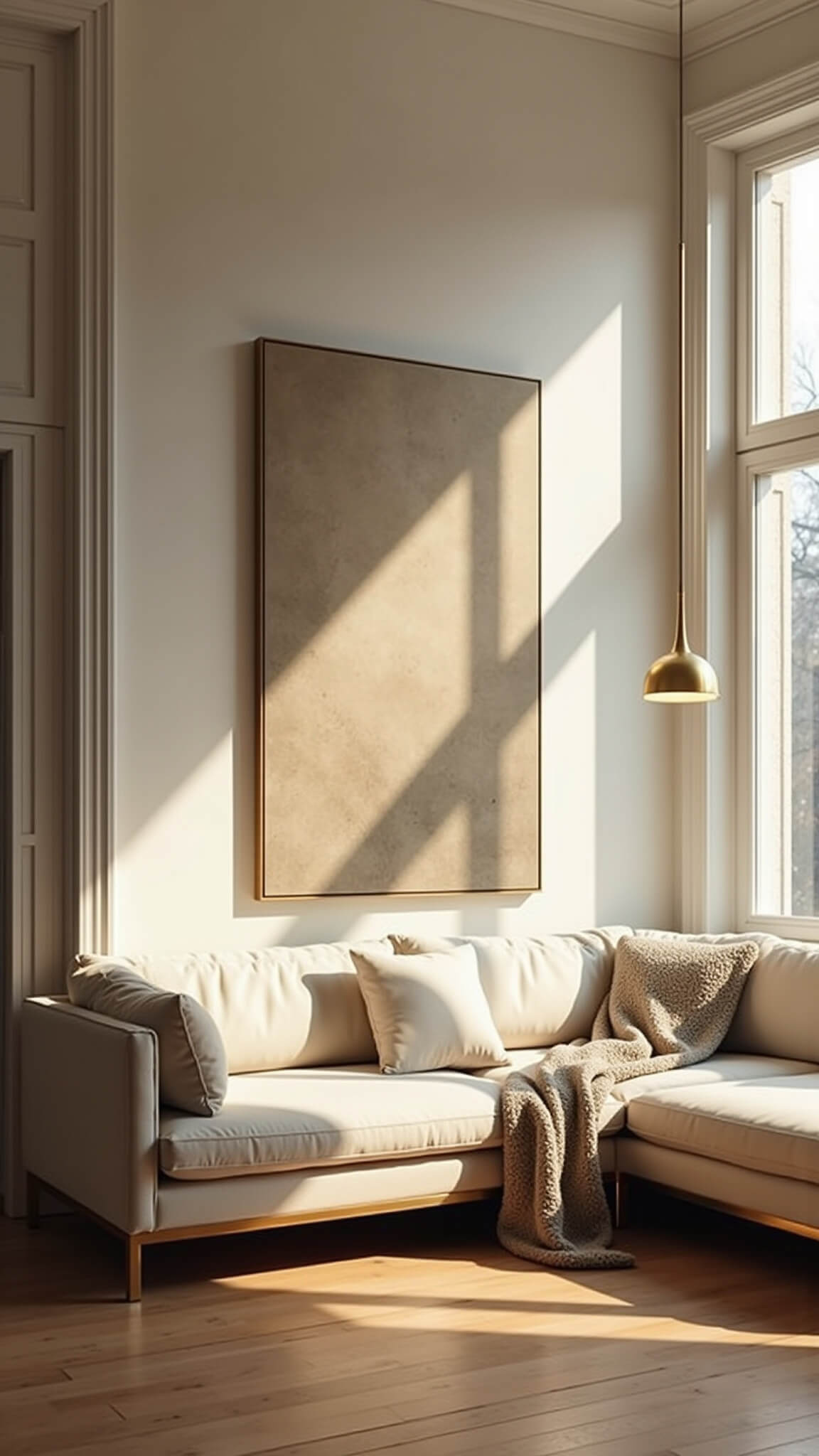 Cozy 12x14ft living room with ivory sectional, oak floors, and golden hour sunlight through floor-to-ceiling windows; minimalist brass pendant and abstract art complete the monochromatic taupe and cream decor.