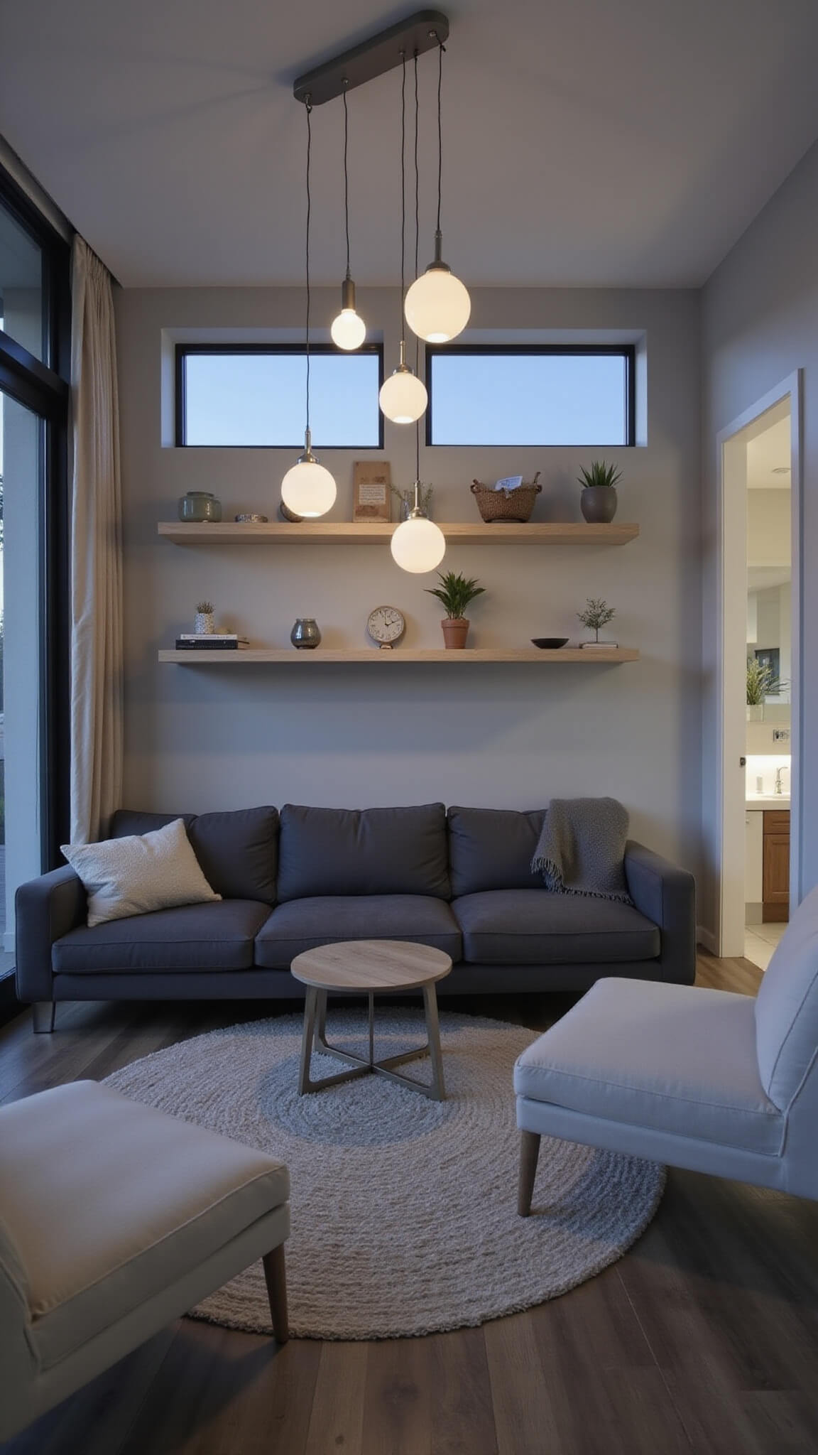 Cozy 10x12ft modern living room at dusk with charcoal sectional, pale gray walls, white oak floating shelves, staggered globe pendant lights, and brushed nickel accents.
