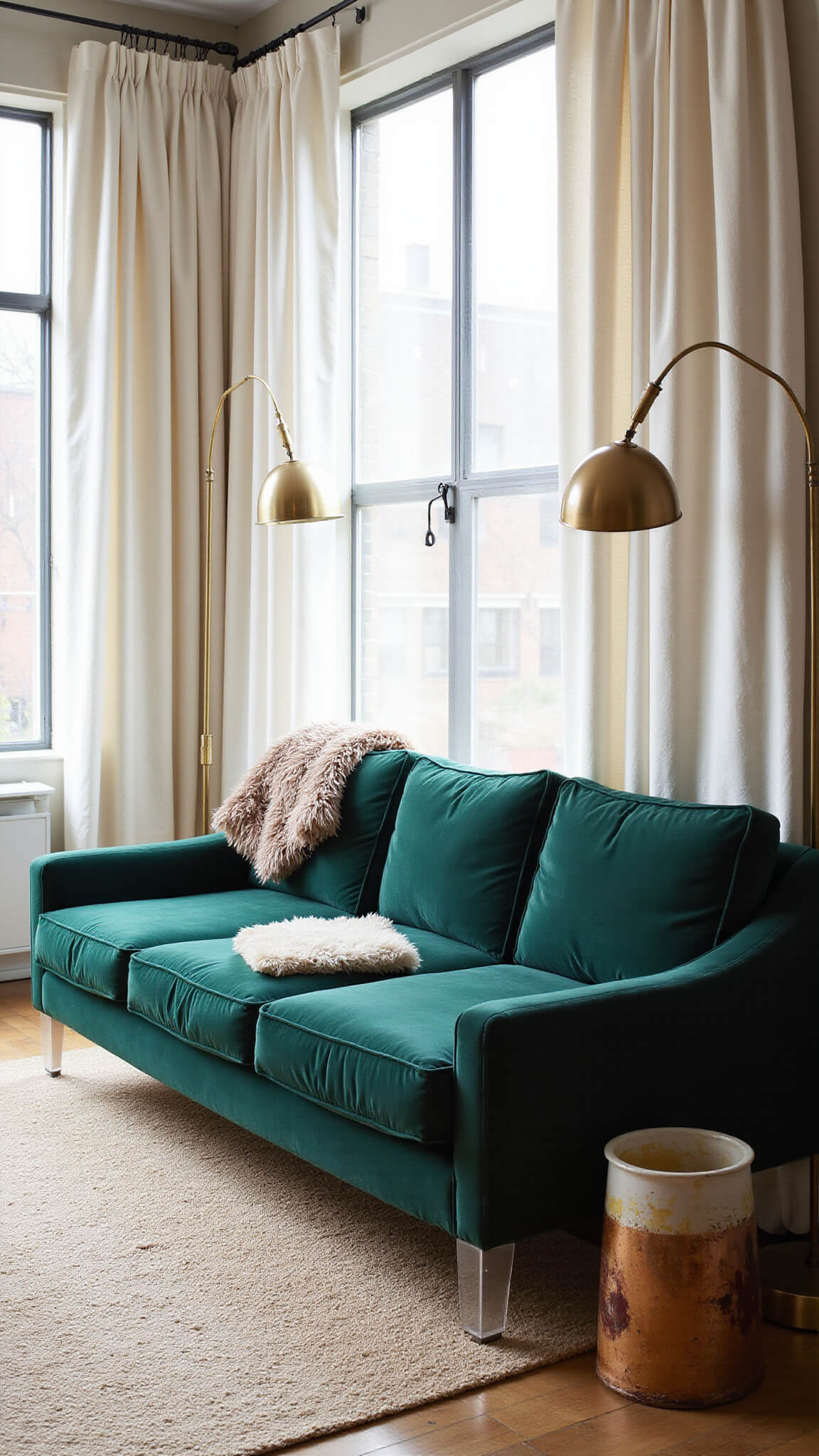 Floor-level view of a sunlit corner living room with emerald velvet sectional, lucite legs, white linen drapes, industrial windows, brass floor lamp, and layered textures.