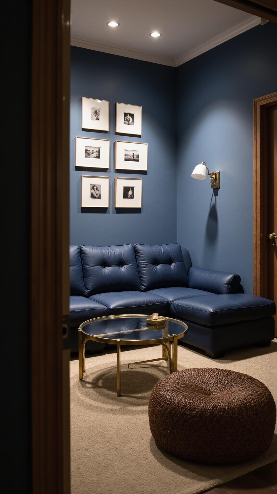 Cozy 11x13ft room with navy modular sectional, gallery wall of black and white photos, brass and glass coffee table, and soft LED lighting during blue hour.