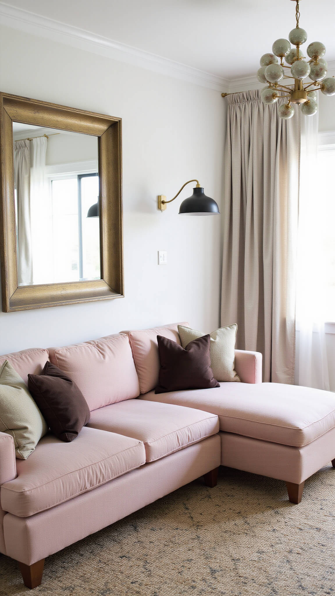 Sunlit 13x13ft room with blush pink sectional on geometric rug, brass-framed mirror reflecting light, ceramic pendant lights, and textured decor elements.