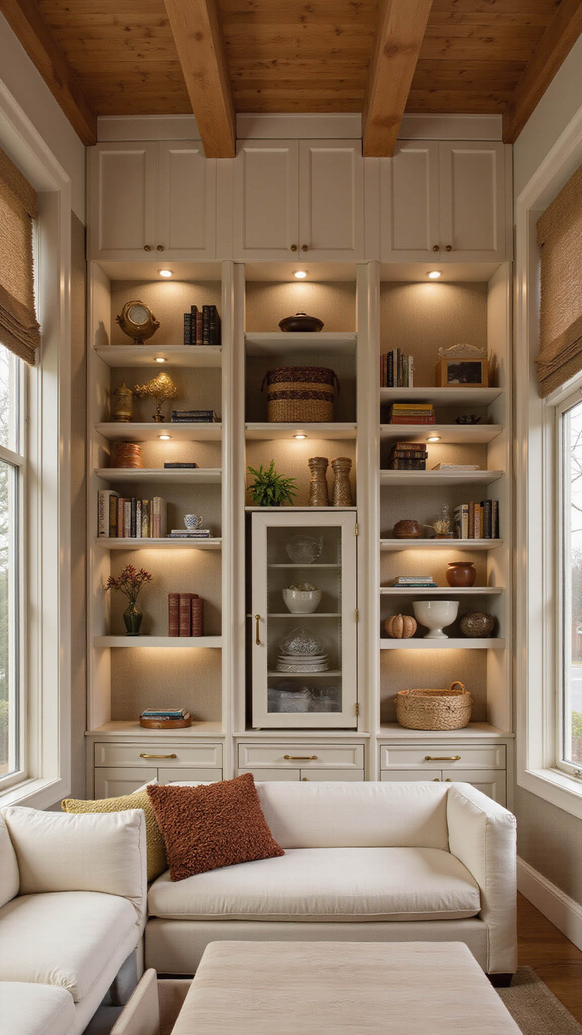 Twilight interior of 12x15ft room with white oak built-ins, cream bouclé sectional, vertical storage, brass library lights, and textured grasscloth, leather, and natural fiber accents.