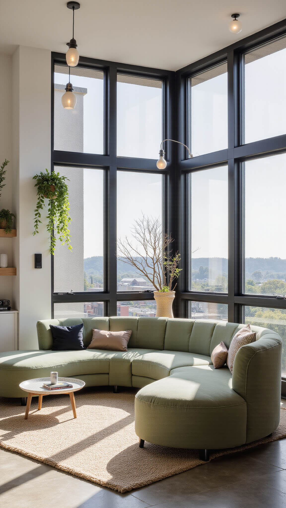 Curved sage green sectional in sunlit 14x14ft corner room with black-framed windows, terrazzo coffee table, jute rug, and layered lighting.