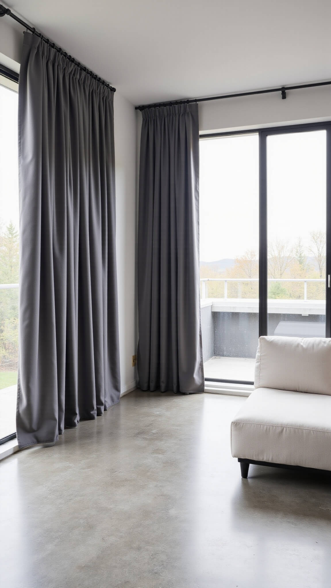 Modern minimalist living room with tall charcoal gray grommet curtains, white sectional, polished concrete floors, and floor-to-ceiling windows streaming late morning light.