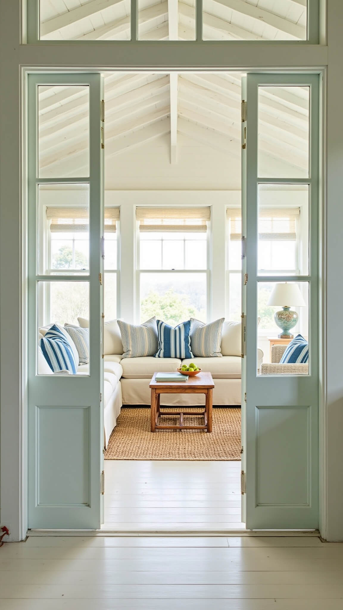 Sunlit coastal living room with seafoam tab-top curtains, cream slipcovered sofa, blue striped pillows, jute rug, and rattan accents, viewed straight-on at golden hour.