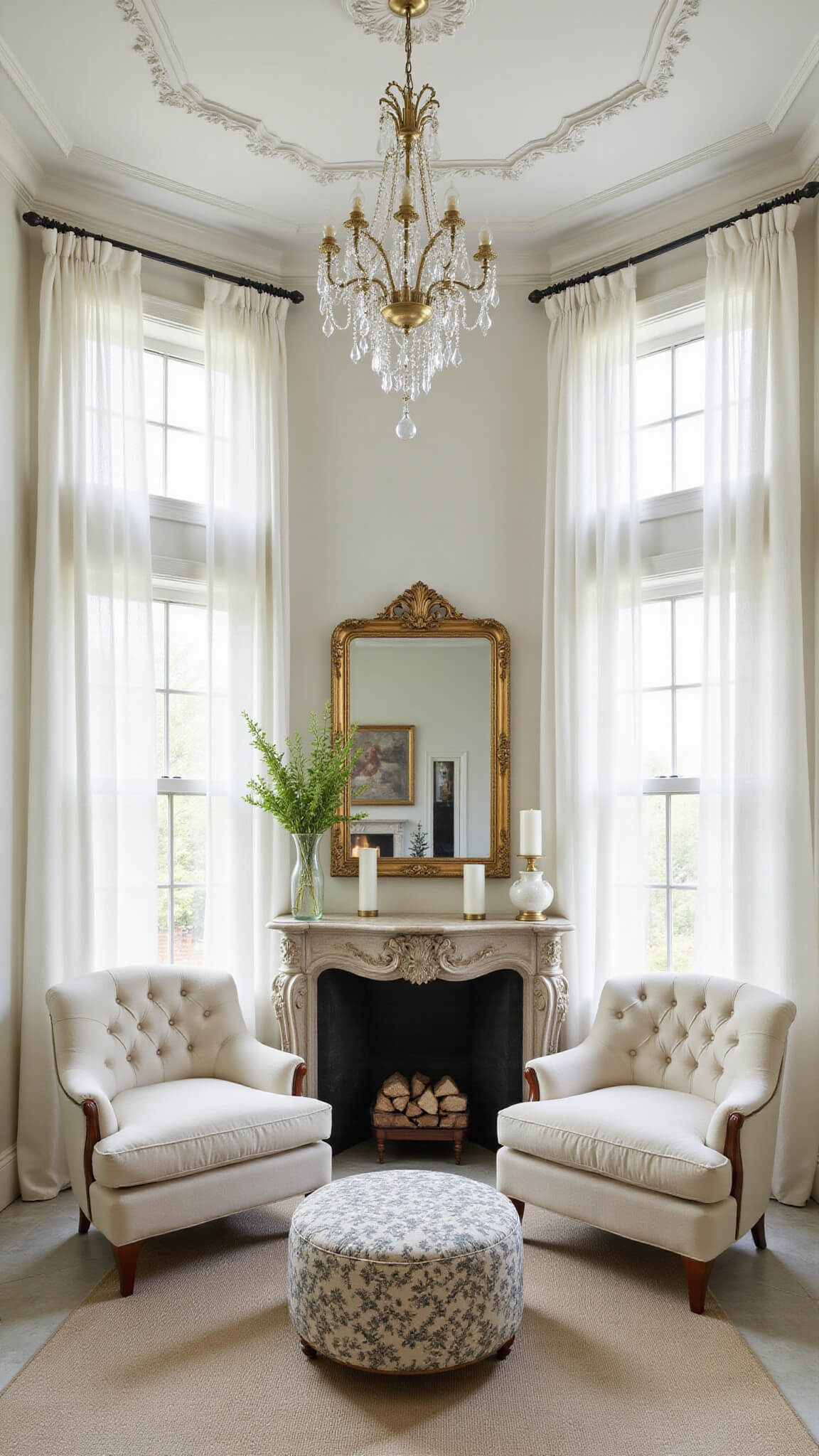 Corner living room with sheer white linen curtains, ivory tufted chairs by marble fireplace, antique mirror above, tray ceiling with crystal chandelier, and natural light highlighting French limestone floors.