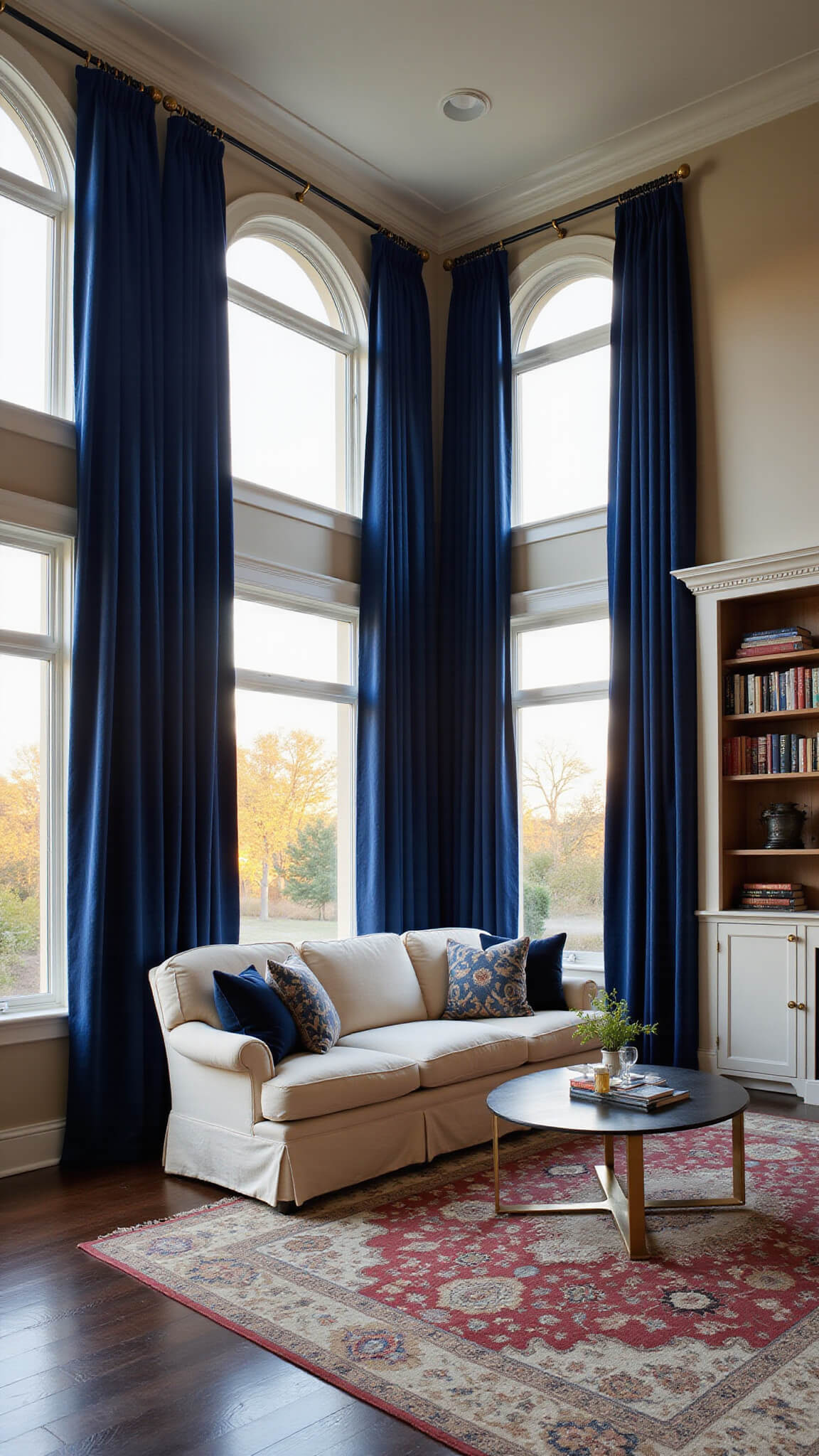 Elegant navy-themed living room with tall arched windows, floor-length velvet curtains, cream sofa on Persian rug, and built-in bookcases around fireplace.