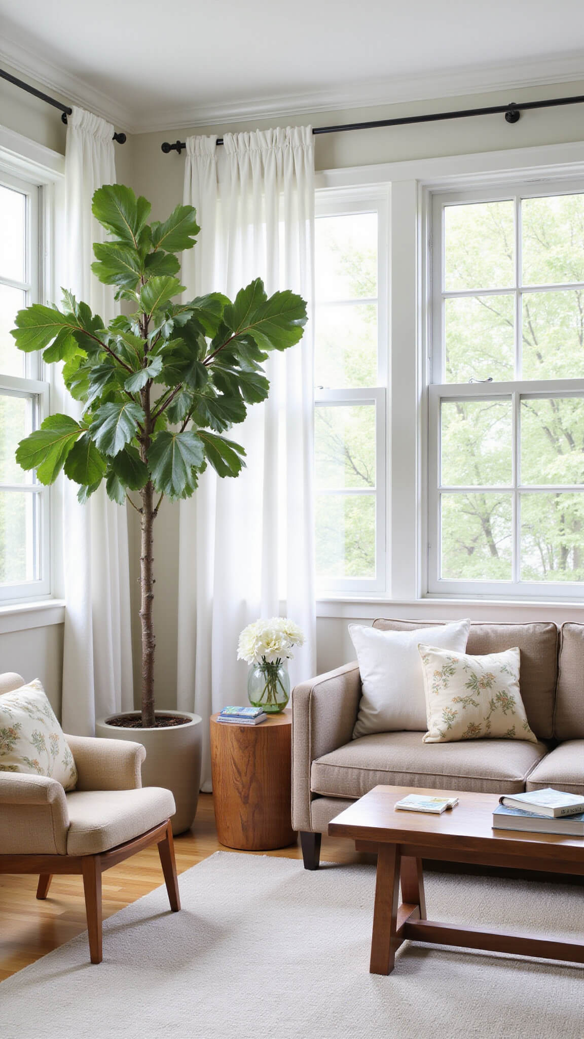 Light-filled corner room with gauzy botanical curtains, mid-century modern furniture, and fiddle leaf figs by wide windows.