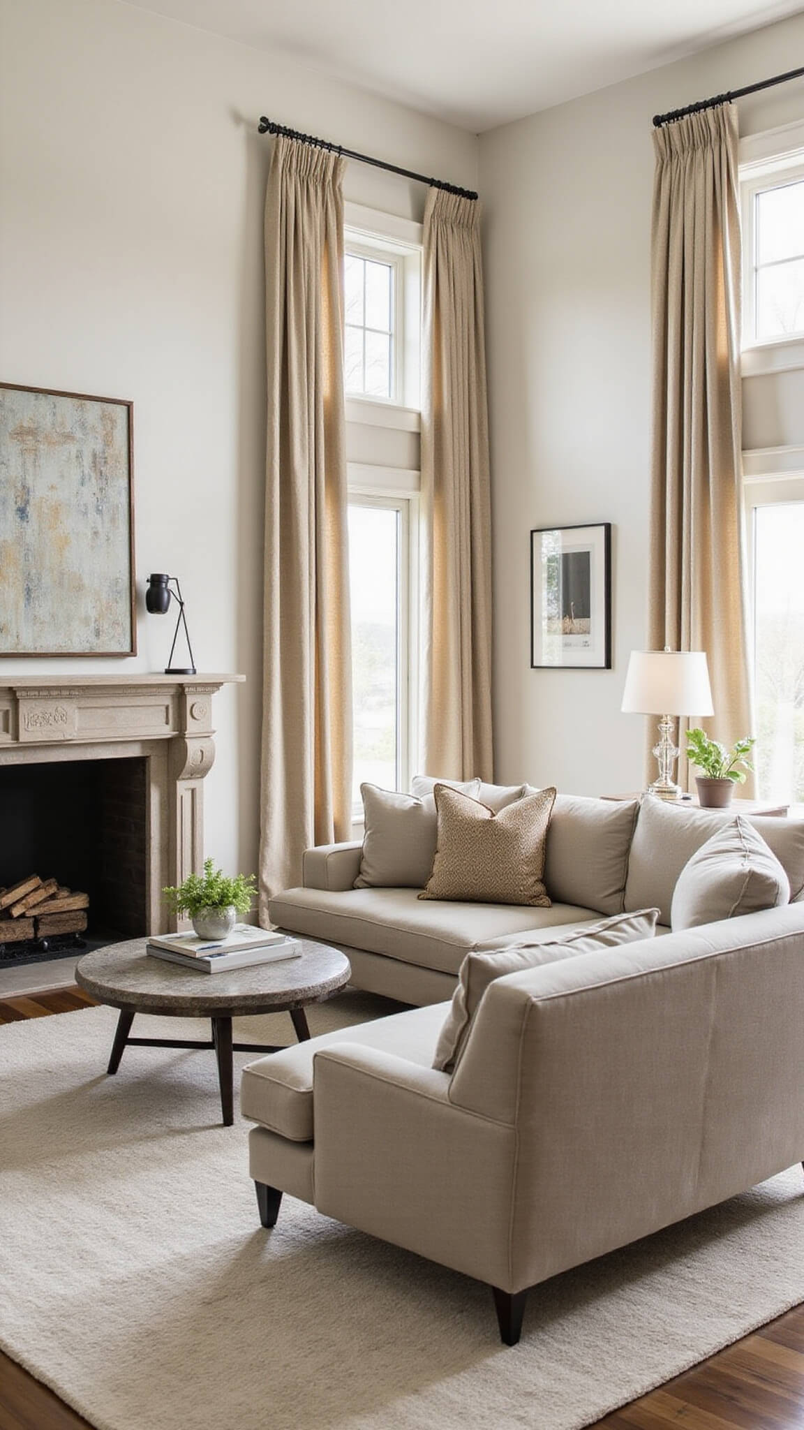 Sophisticated great room with champagne silk curtains, curved oatmeal bouclé sofa, limestone fireplace, and mixed metal accents under 14ft ceilings.
