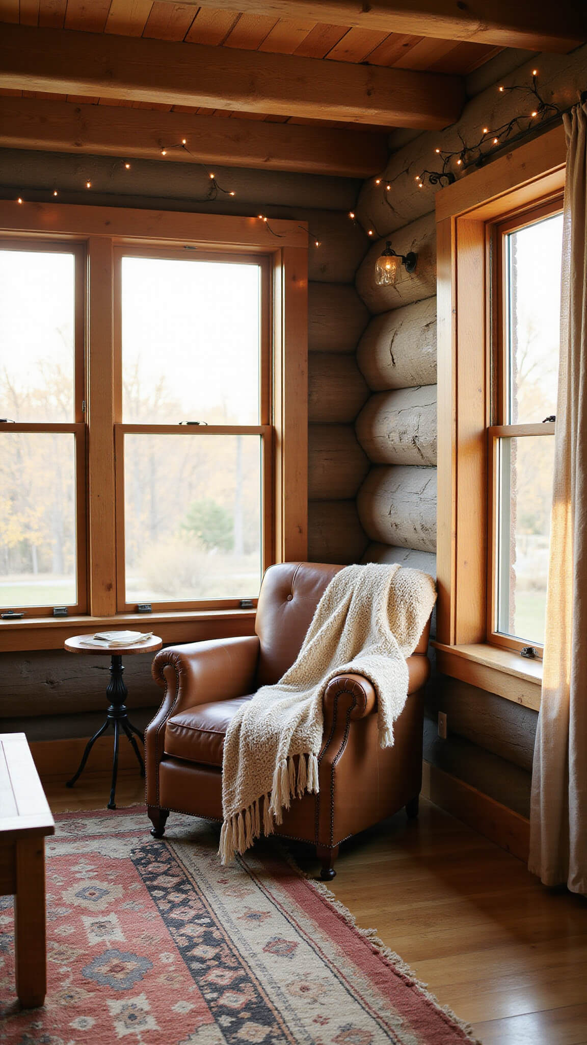 Golden hour cabin living room with timber beams, leather armchair, knit throw, wool rugs, and soft filtered light.