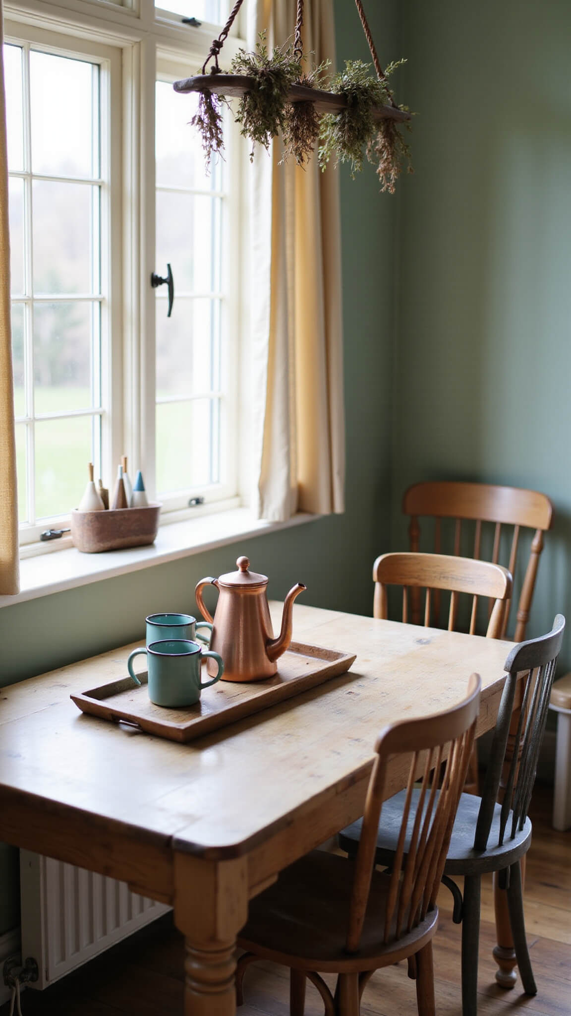 Rustic kitchen nook with pine table, vintage chairs, copper kettle, and morning light streaming through café curtains.