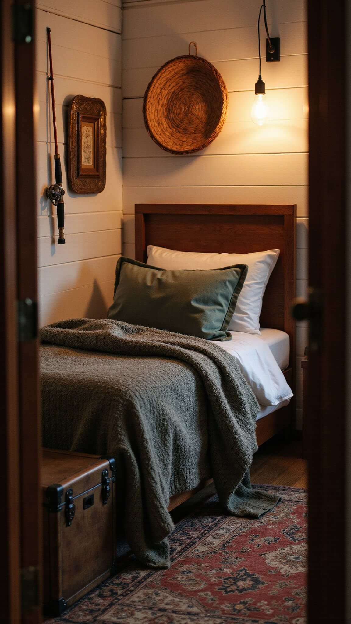 Cozy bedroom corner at dusk with layered plaid bedding, vintage decor, and warm Edison bulb lighting creating a hygge atmosphere.