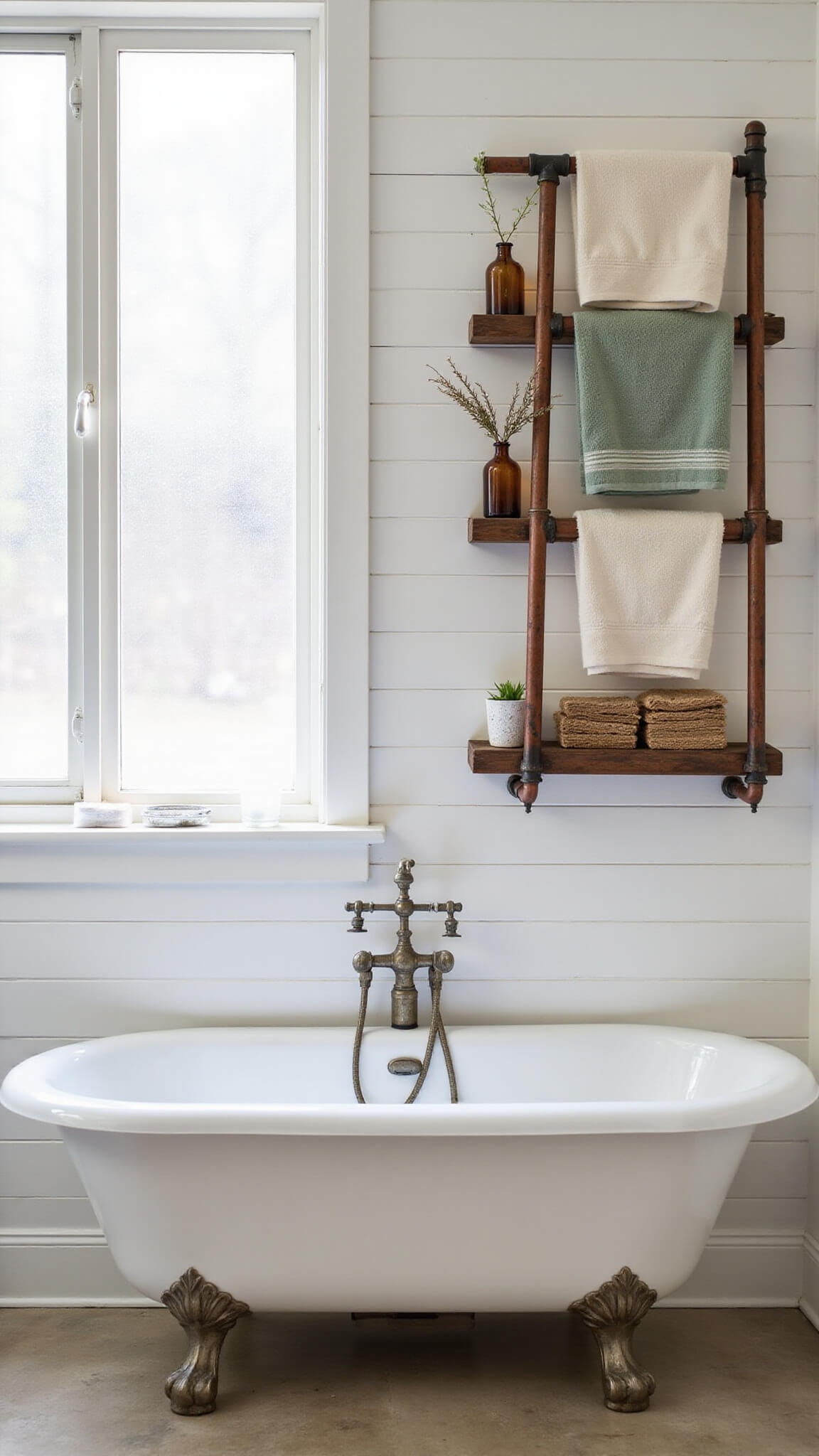 Clawfoot tub in spa-like bathroom with white shiplap walls, vintage ladder holding Turkish towels, copper shelving with amber bottles and dried botanicals, lit by soft morning light.