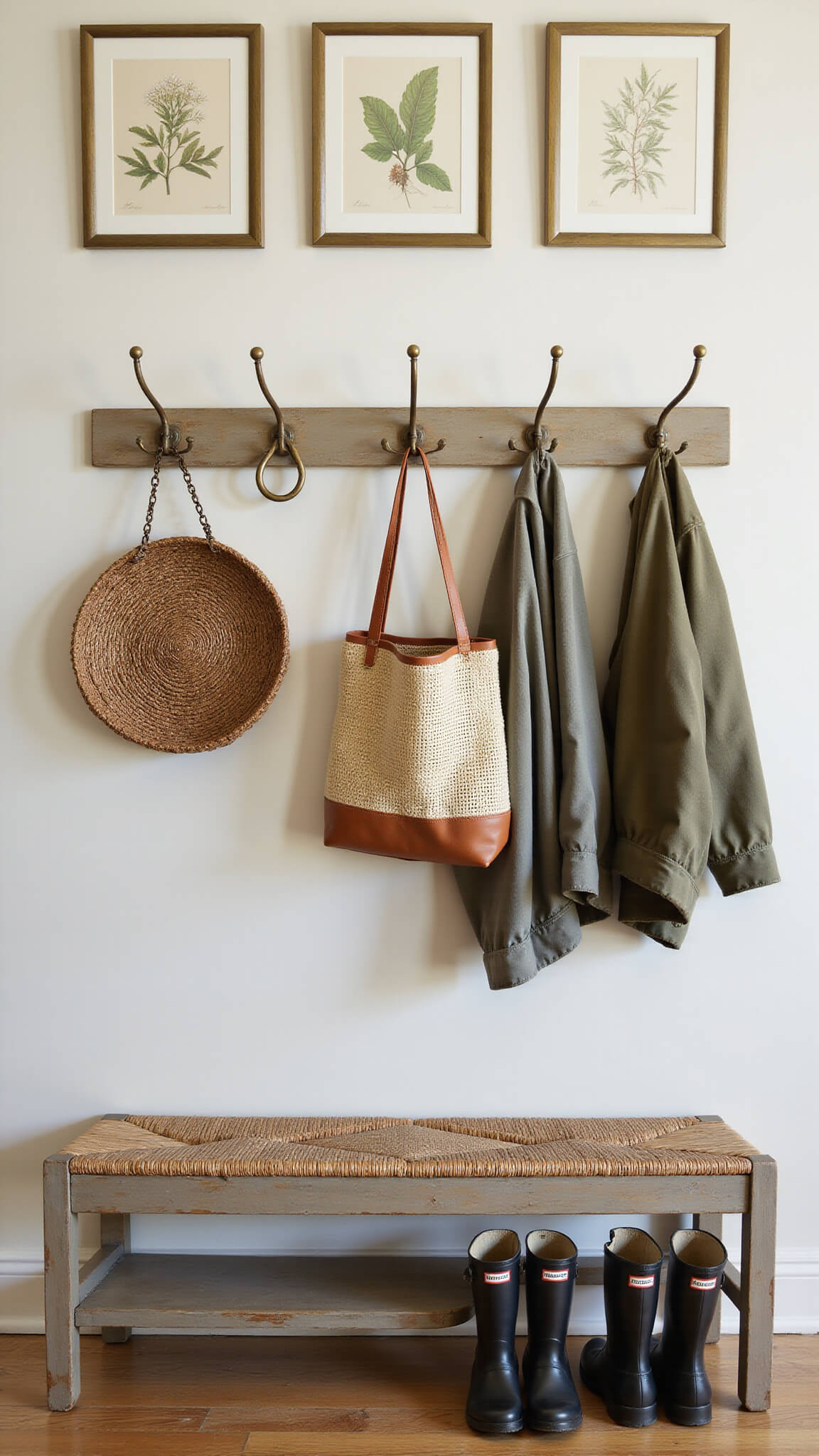 Straight-on view of a mudroom bench with lined Hunter boots below antiqued brass hooks holding vintage creel, woven bags, and canvas jackets; botanical prints in brass frames above.