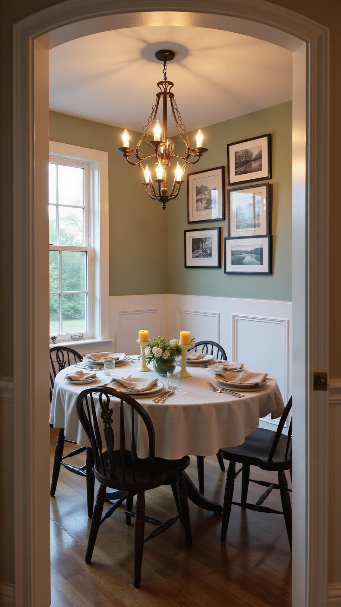 Twilight view of a casually elegant dining area with a farmhouse table set with vintage stoneware, linen napkins, and beeswax candles, seen through a kitchen doorway; warm Edison bulb lighting contrasts with cool twilight tones, with a gallery wall of black and white landscape photos in mismatched frames.