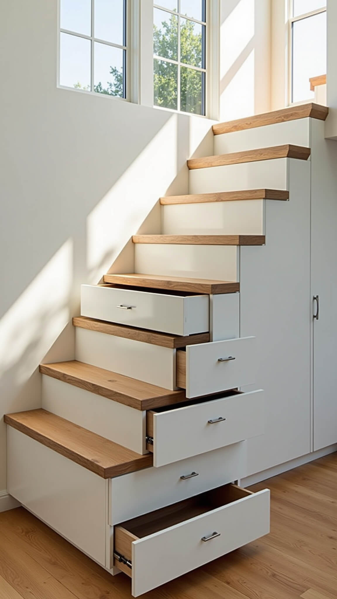 Low-angle view of a sunlit modern staircase with floating oak treads and white built-in drawers, some partially open revealing organized storage, accented with brushed steel handles and soft morning light casting shadows.