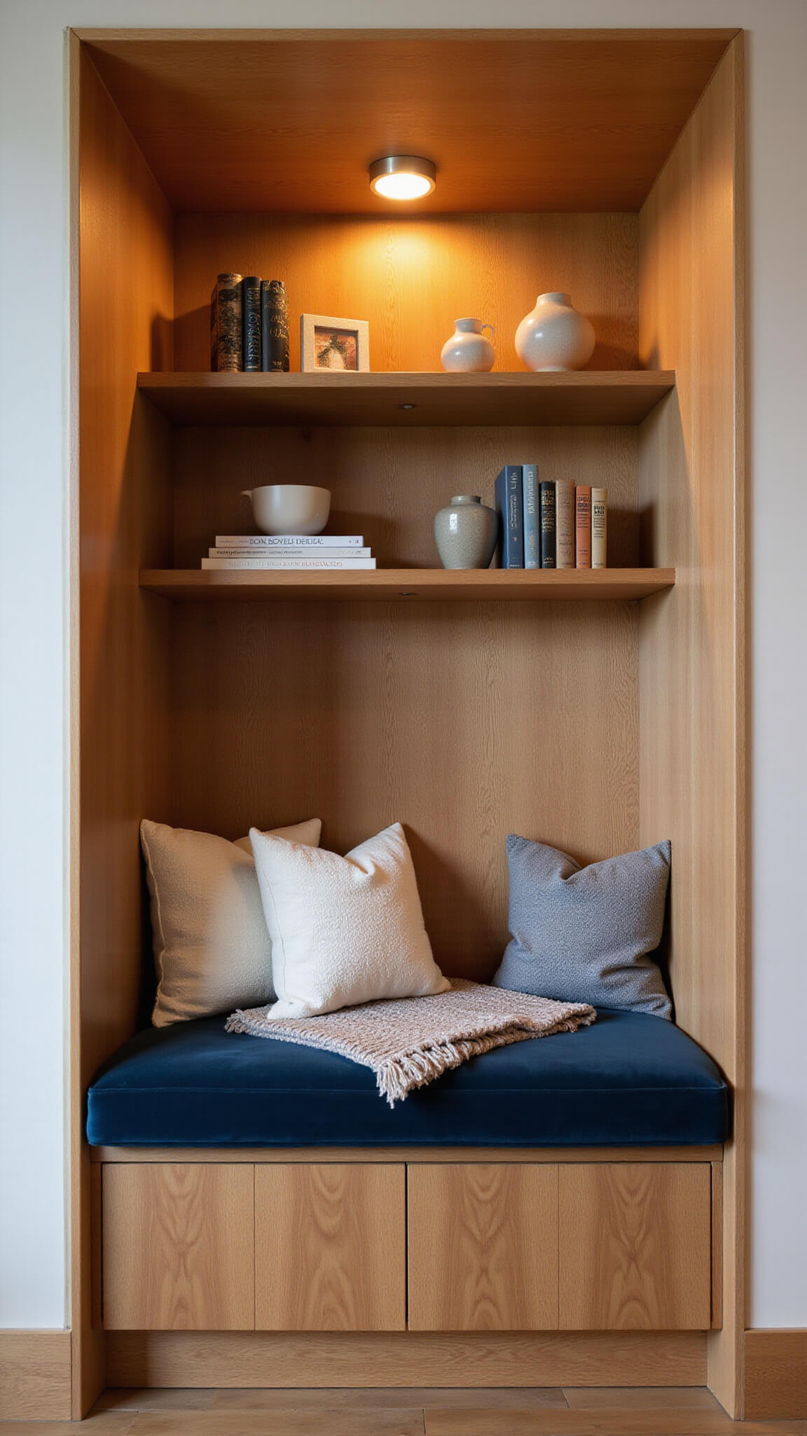 Cozy under-stairs reading nook with navy velvet bench, oak walls, bookshelves, and warm lighting at golden hour.