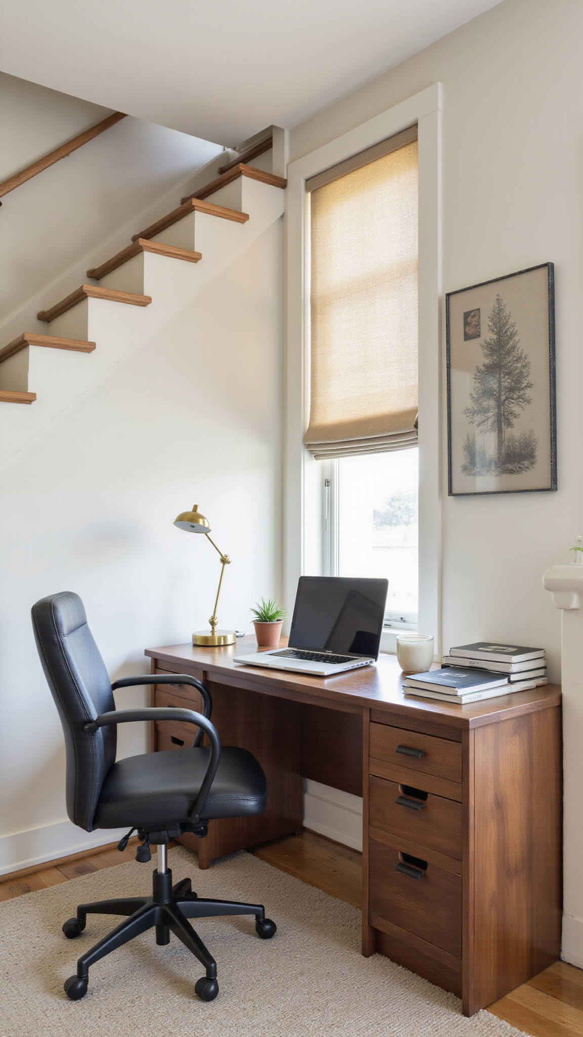 Professional home office under stairs with walnut floating desk, ergonomic chair, and built-in shelves, softly lit by morning light through roman shade.